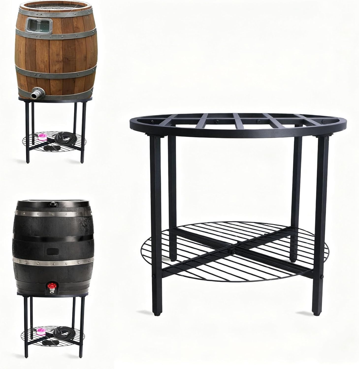 2-Tier Rain Barrel Stand – Base Only, Outdoor Heavy-Duty Rain Water Collection Barrel Stand with Rust-Proof Design & Ring Shelf, Fits 45/50/55-Gallon Plastic Round Rain Barrels (Deep Black)