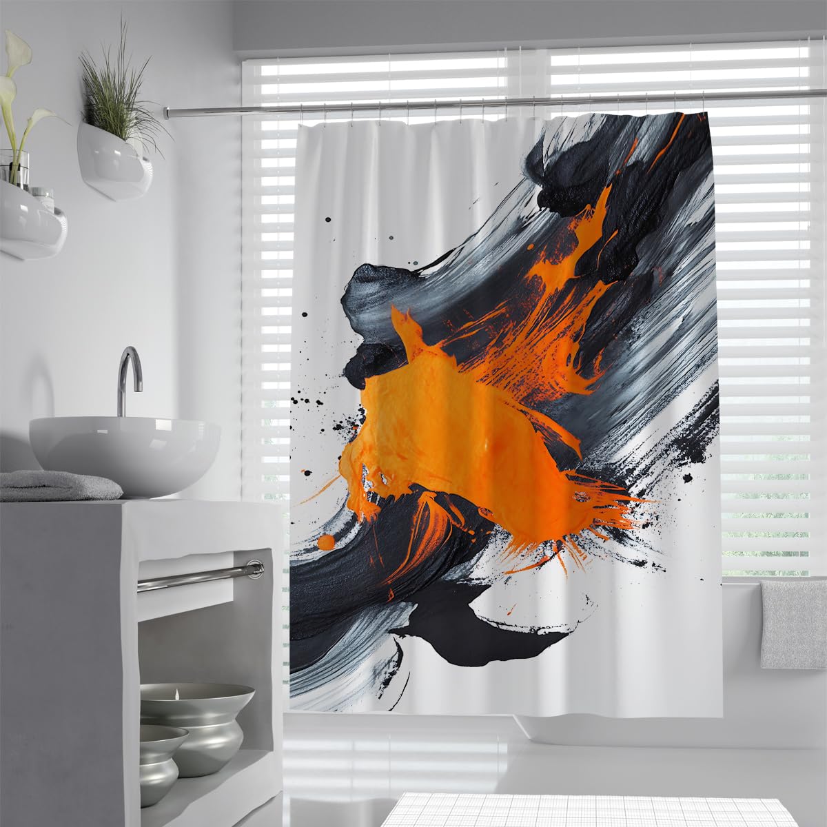 Rideau de douche noir et orange abstrait en polyester imperméable 90x180cm