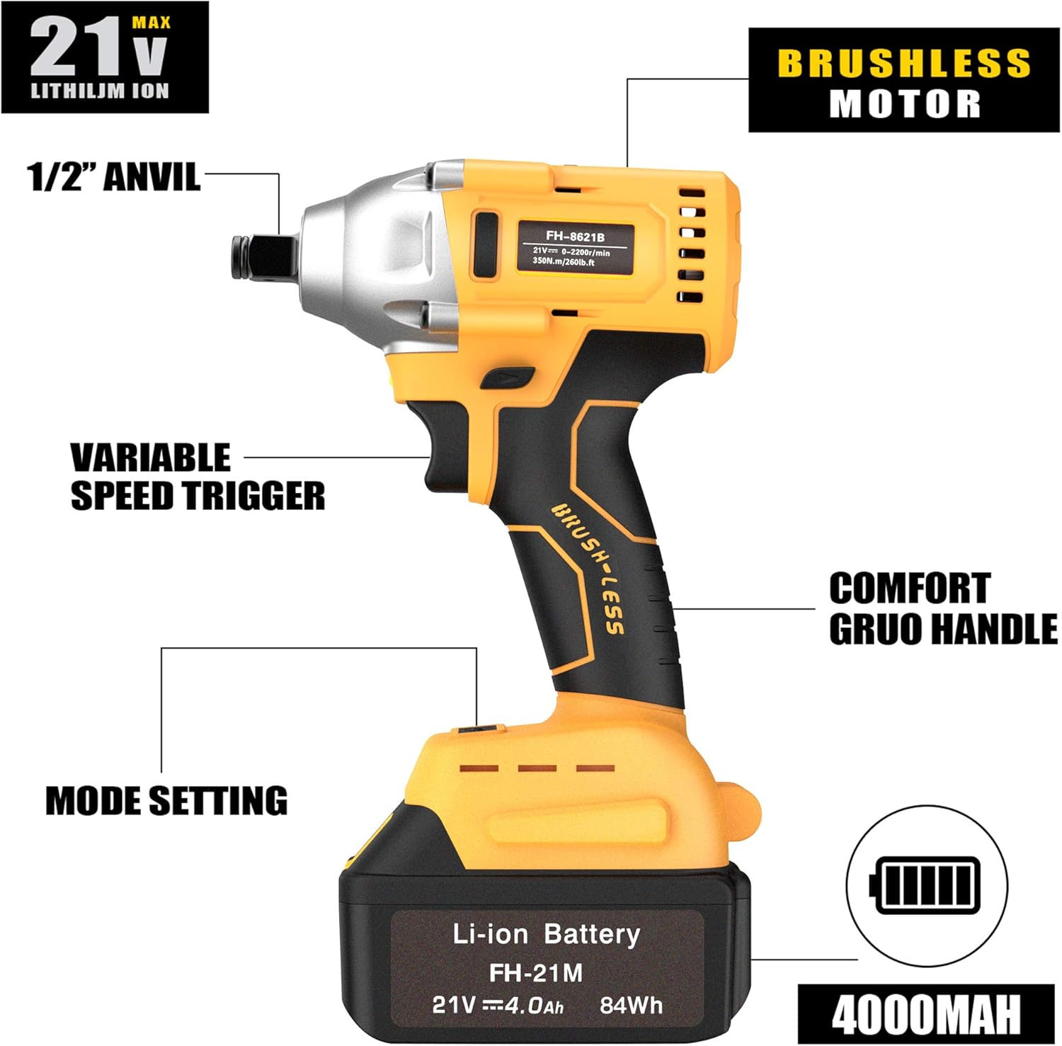 GardenJoy Cordless Power Impact Wrench: 21V Electric Impact Drill with 4.0A Battery Brushless Motor with 1/2"Chuck 260 Ft-lb Max High Torque 4Pc Impact Driver Sockets Fast Charger & Home Tools Kit Set - - 