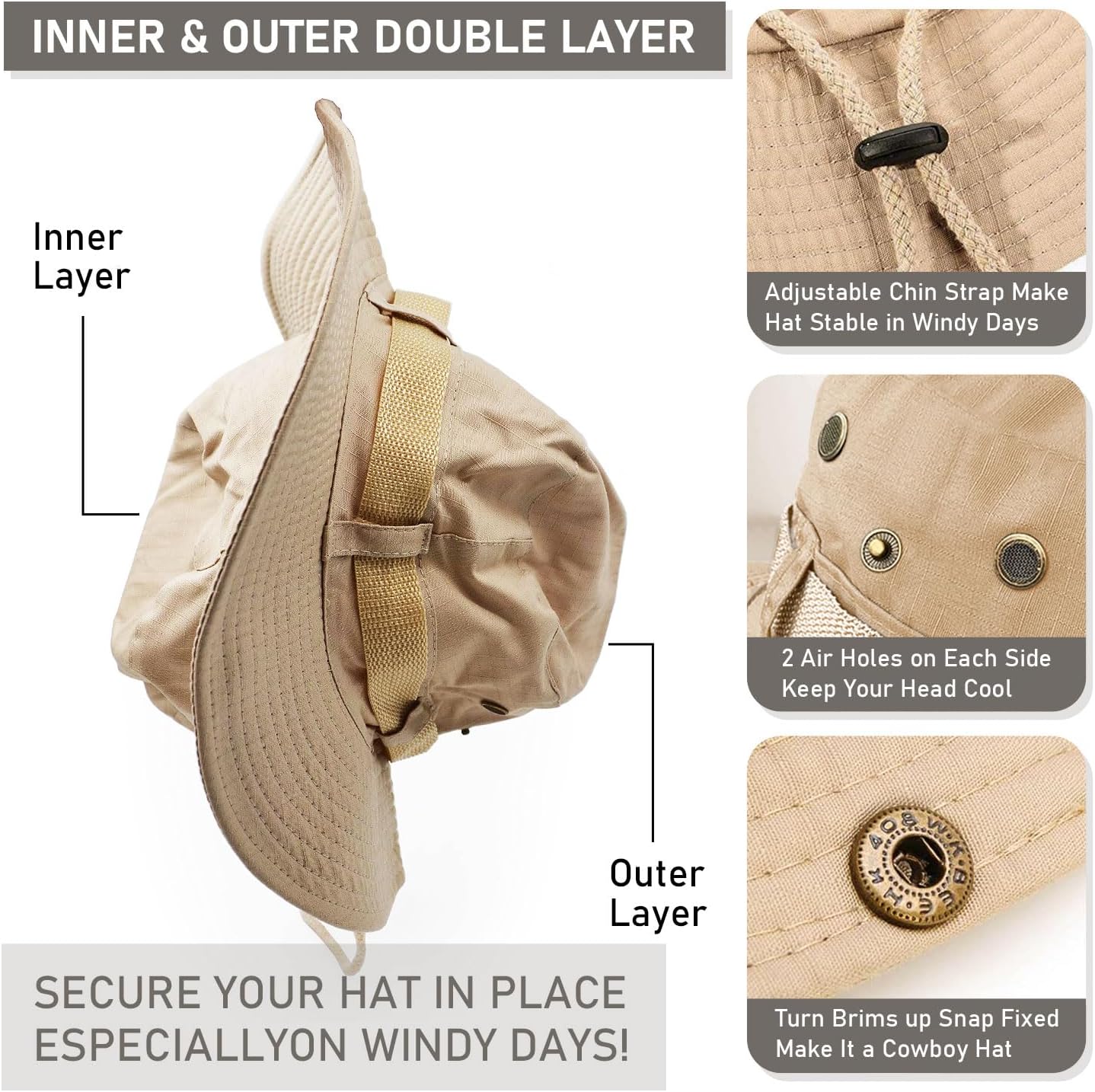 Fishing Hat, Wide Brim Breathable Boonie Hat UV Protection Safari Hiking Bucket Hat Beach Summer Cap - Image 4