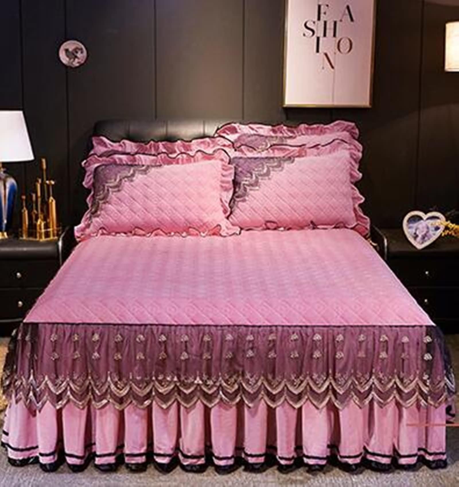 KnSam Lenzuolo con angoli e 2 federe morbide – 180 x 200 cm – rosa, velluto di cristallo, gonna da letto ricamo in pizzo, lenzuolo invernale trapuntato caldo confortevole