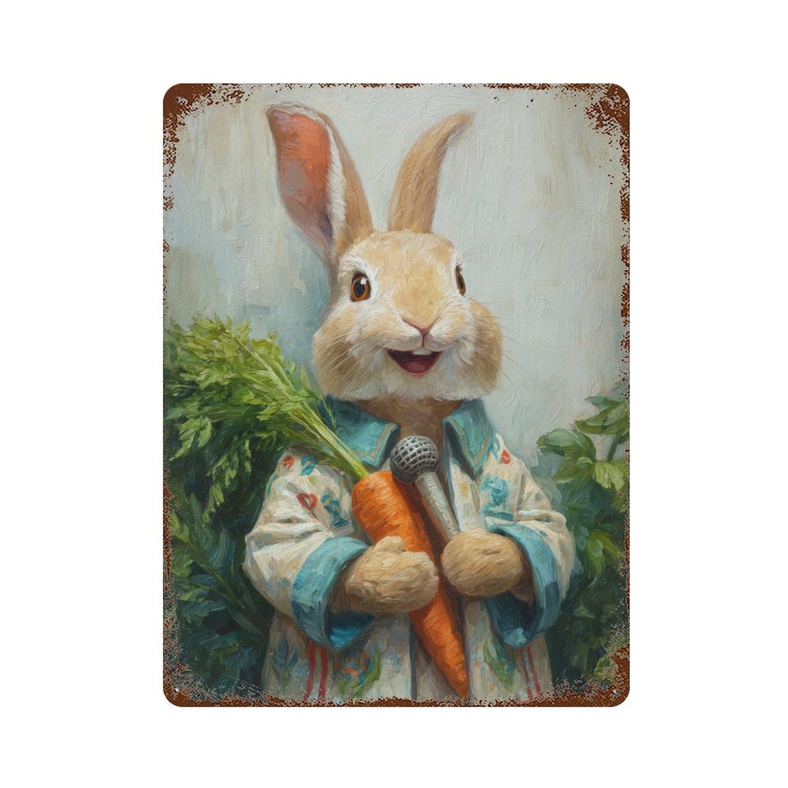 Rabbit with Microphone Holding Carrot Aged Metal Wall Plaque 15.7"x11.8", for Basement, Hobby Room And Garage Decor, Rustic Home Decor