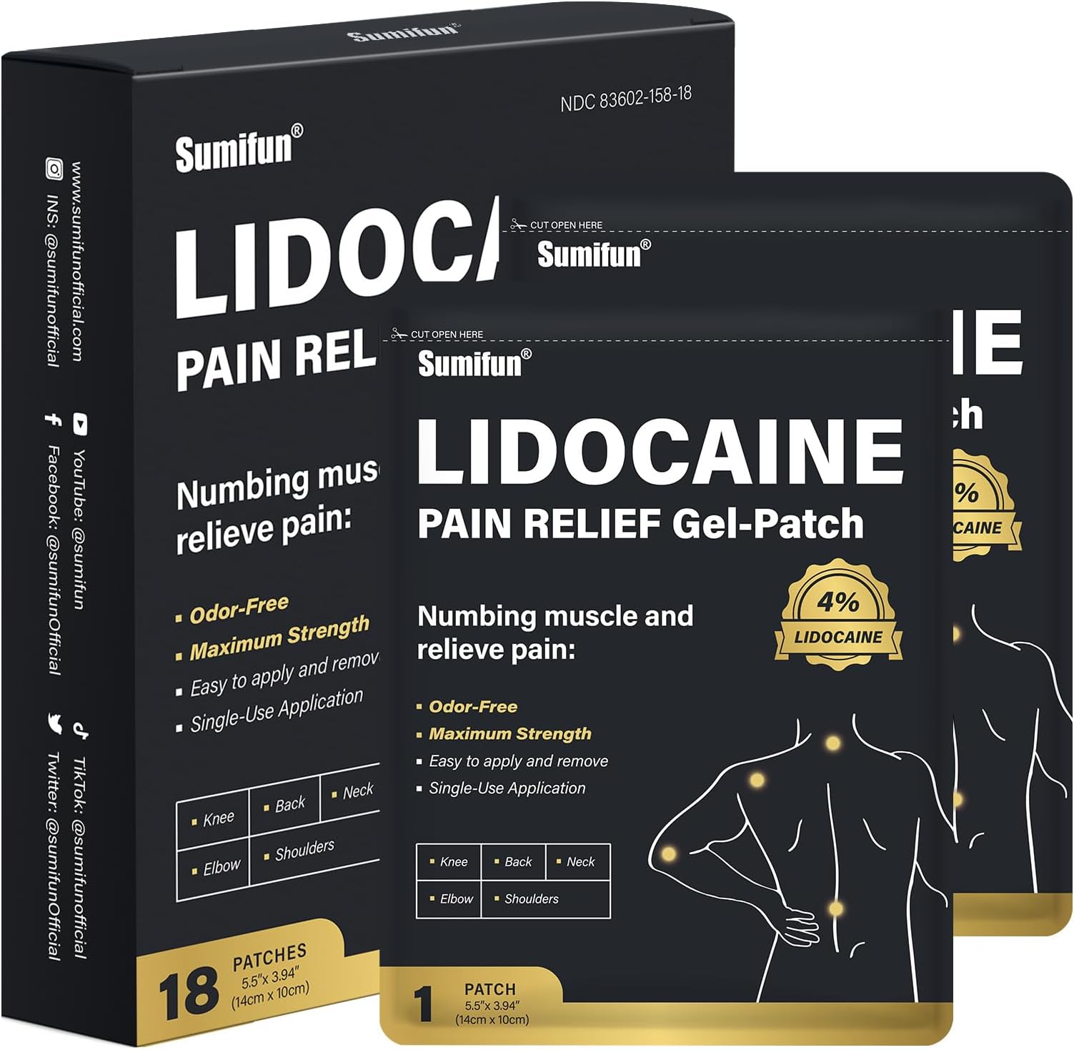 Sumifun 4% Lidocaine Patches, Long Lasting Plaster Patch for Knee, Shoulder, Muscle, Joints with Natural Ingredients, Extended Patch with Lidocaine (Large, Count, 18)