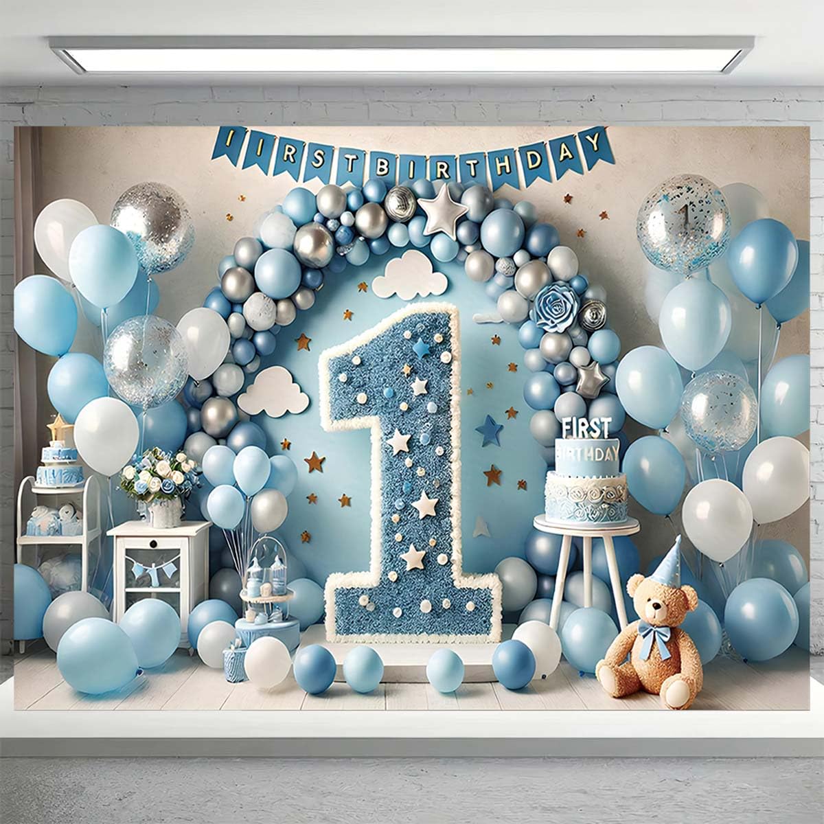 Pancarta de feliz primer cumpleaños con globos de aire caliente para niños de un año de edad, pancartas de pastel para recién nacido, primer cumpleaños (B, 7 x 5 pies)