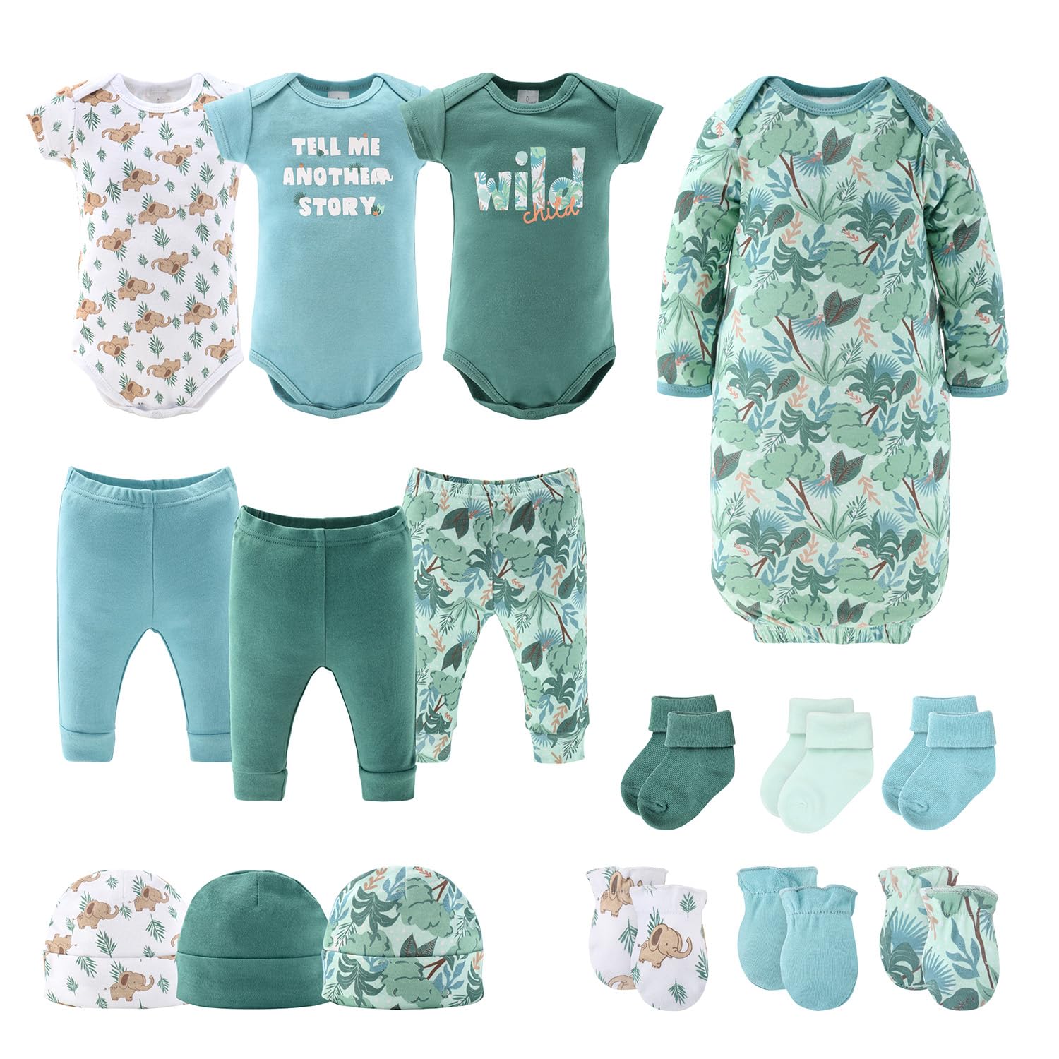 The Peanutshell Newborn Clothes & Accessories Gift Set -16 Piece Layette Set - Wild Jungle - Fits Newborn to 3 Months, Green, Newborn
