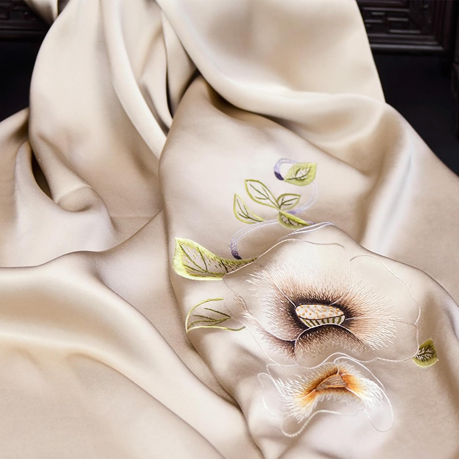 Hand embroidered 100% mulberry silk double-layer silk women's long scarf, headscarf, and neck shawl(77