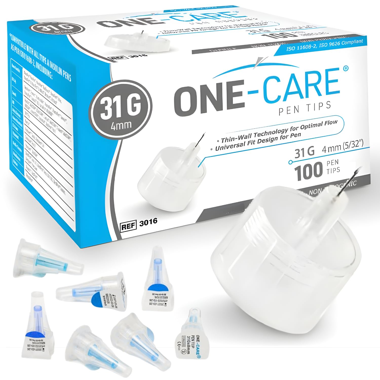 ONE-CARE Pen Tips 31G x 5/32’’ (4mm), Universal Fit, Optimal Skin-Contact for Comfort, Thin Wall Technology, 100 Pieces per Box