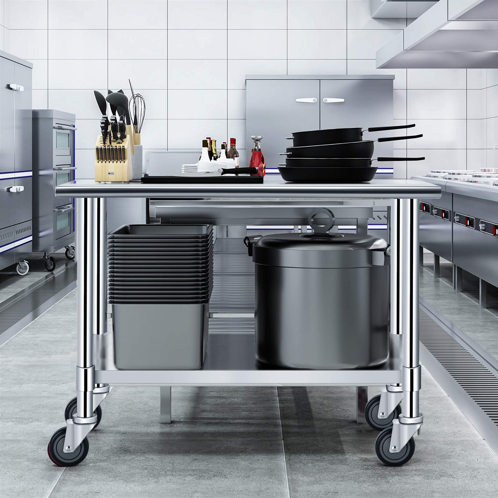GOPLUS Mesa de Trabajo de Acero Inoxidable, Banco de Trabajo con 4 Ruedas giratorias 360°, Carrito para Servir, Carrito de Cocina con Estante Ajustable, soporta hasta 250 kg, 2 Ruedas con Freno