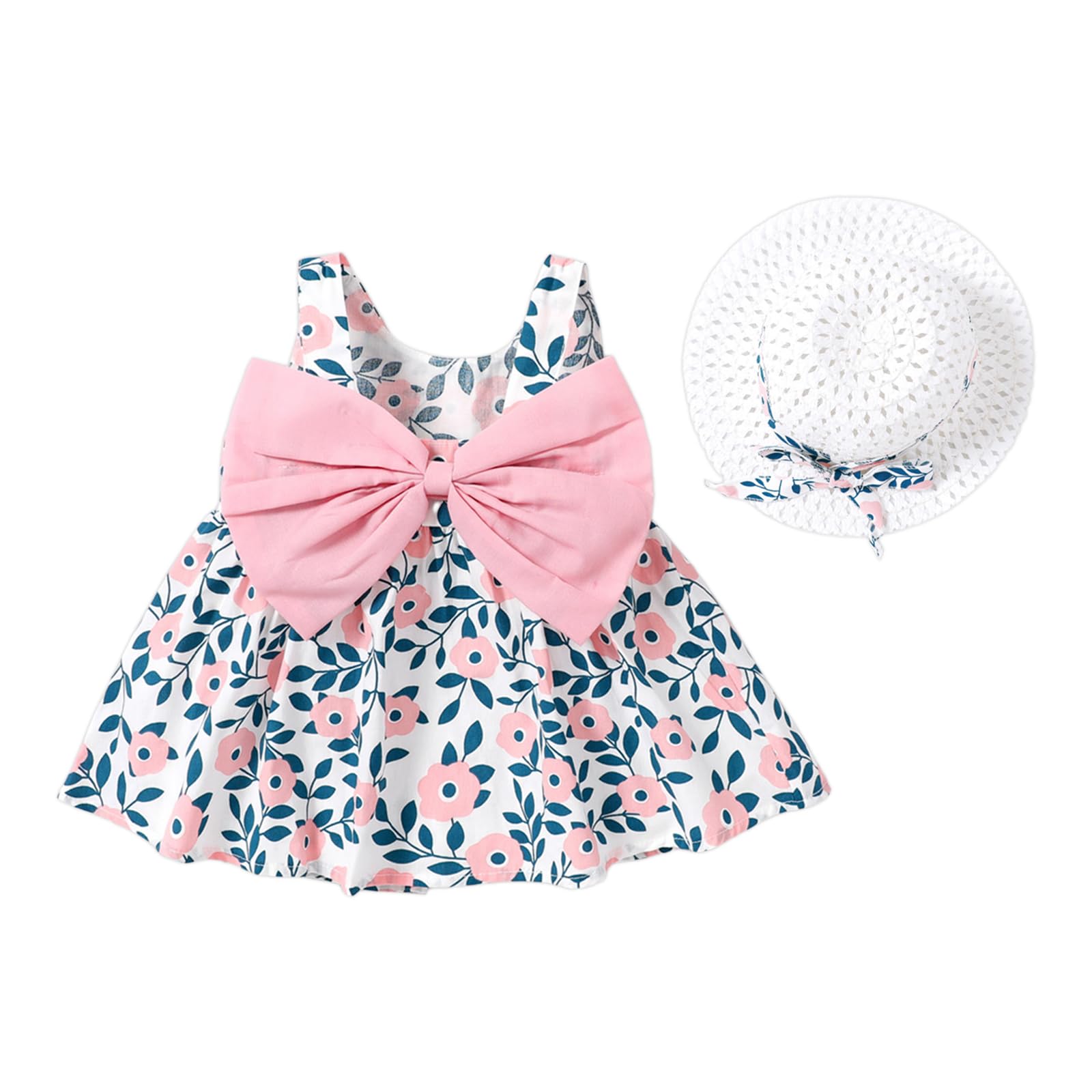 PATPAT Abito da Neonata - con Set di Cappelli Abito per Bambini Senza Maniche con Fiocco con Stampa Floreale, Vestiti Bambina, Vestiti Neonato Femmina, Vestito Elegante Bambina 3 Mesi - 3 Anni