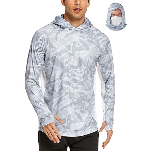 Men’s UPF 50+ Sun Protection Fishing Shirt with Mask Cooling Hoodie Quick Dry SPF Camo Long Sleeve Hiking Shirt Grey XL