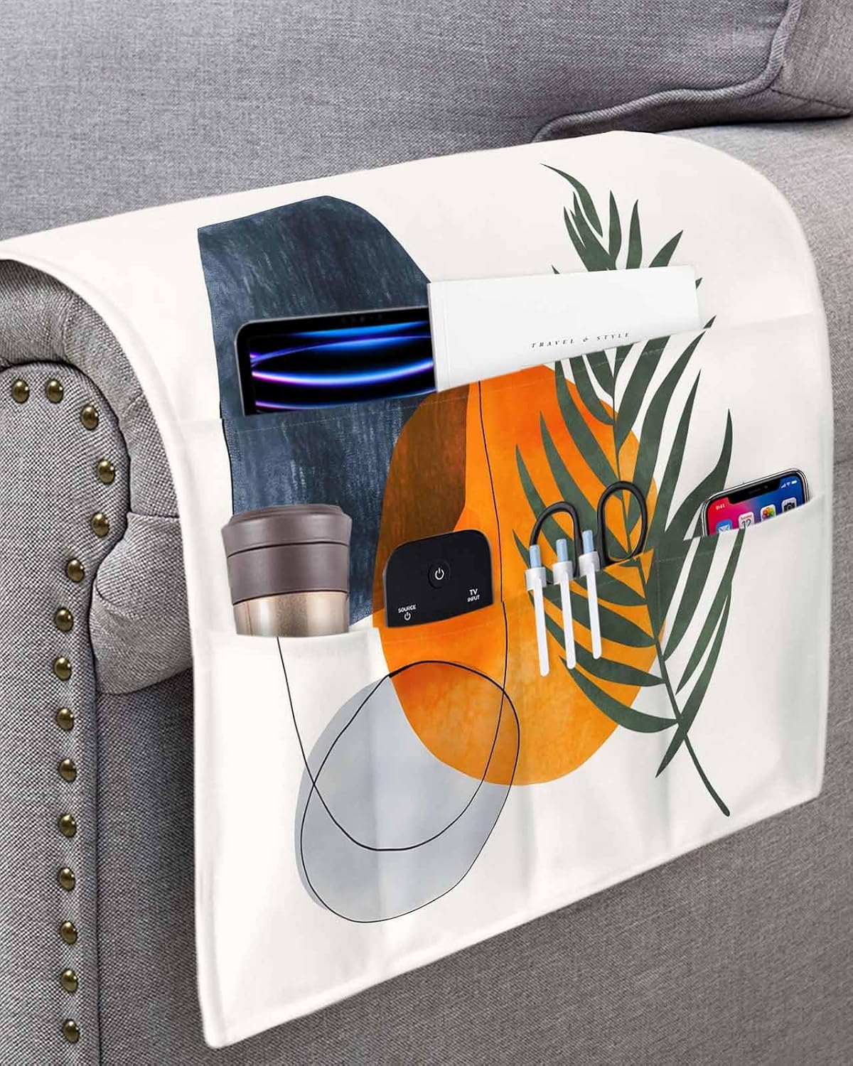 Sofa Armrest Organizer Bedside Caddy, Boho Middle Century Non Slip Couch Remote Control Holder for Recliner, Modern Abstract Art Geometric Arm Chair Caddy with Pocket for Phone, 19.7''x35''