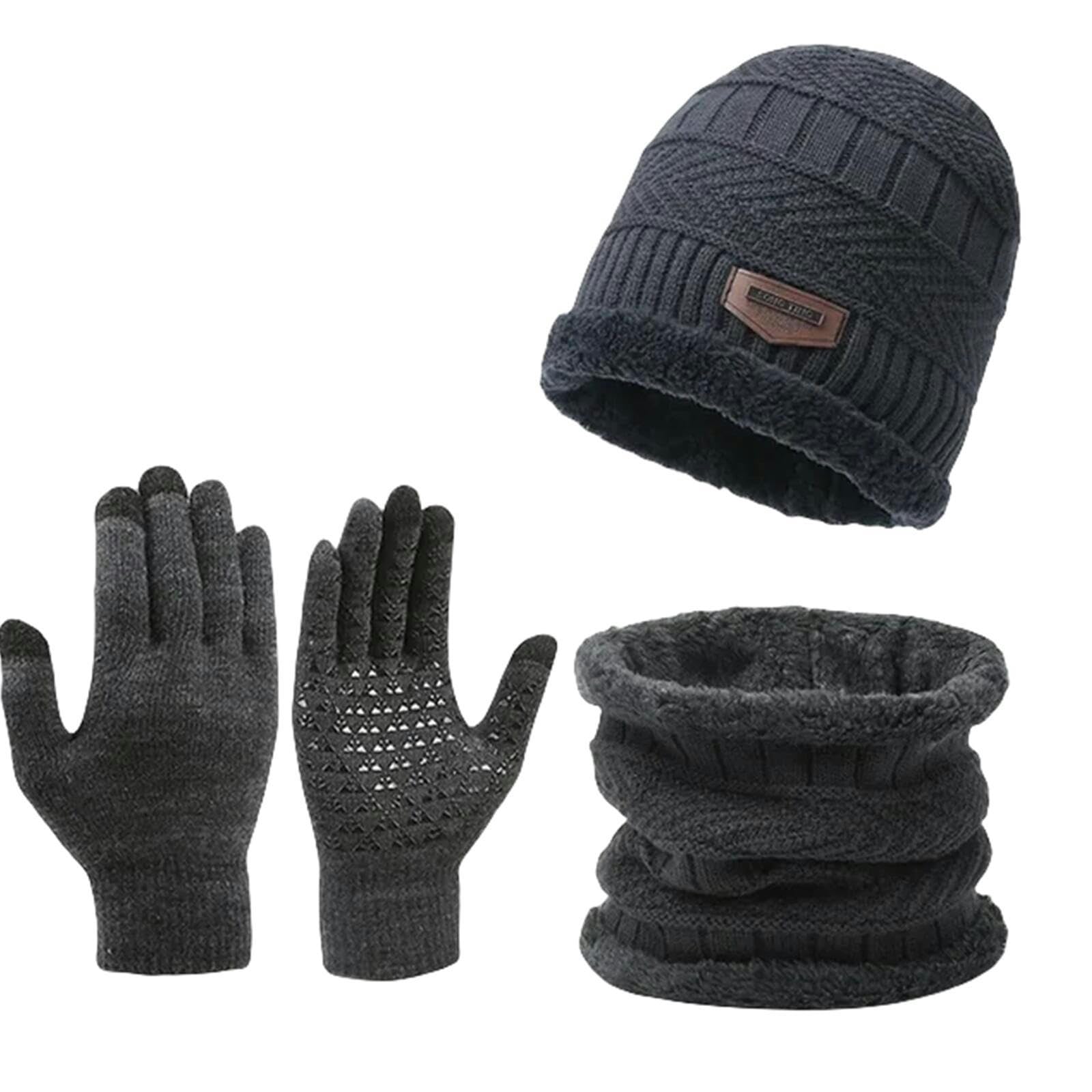 Schal Mütze Set Herren Winter Beanie Hats Schal Set Touchscreen -Handschuhe, Warmes Vliesgekleideter Hut, Außenmut Hut