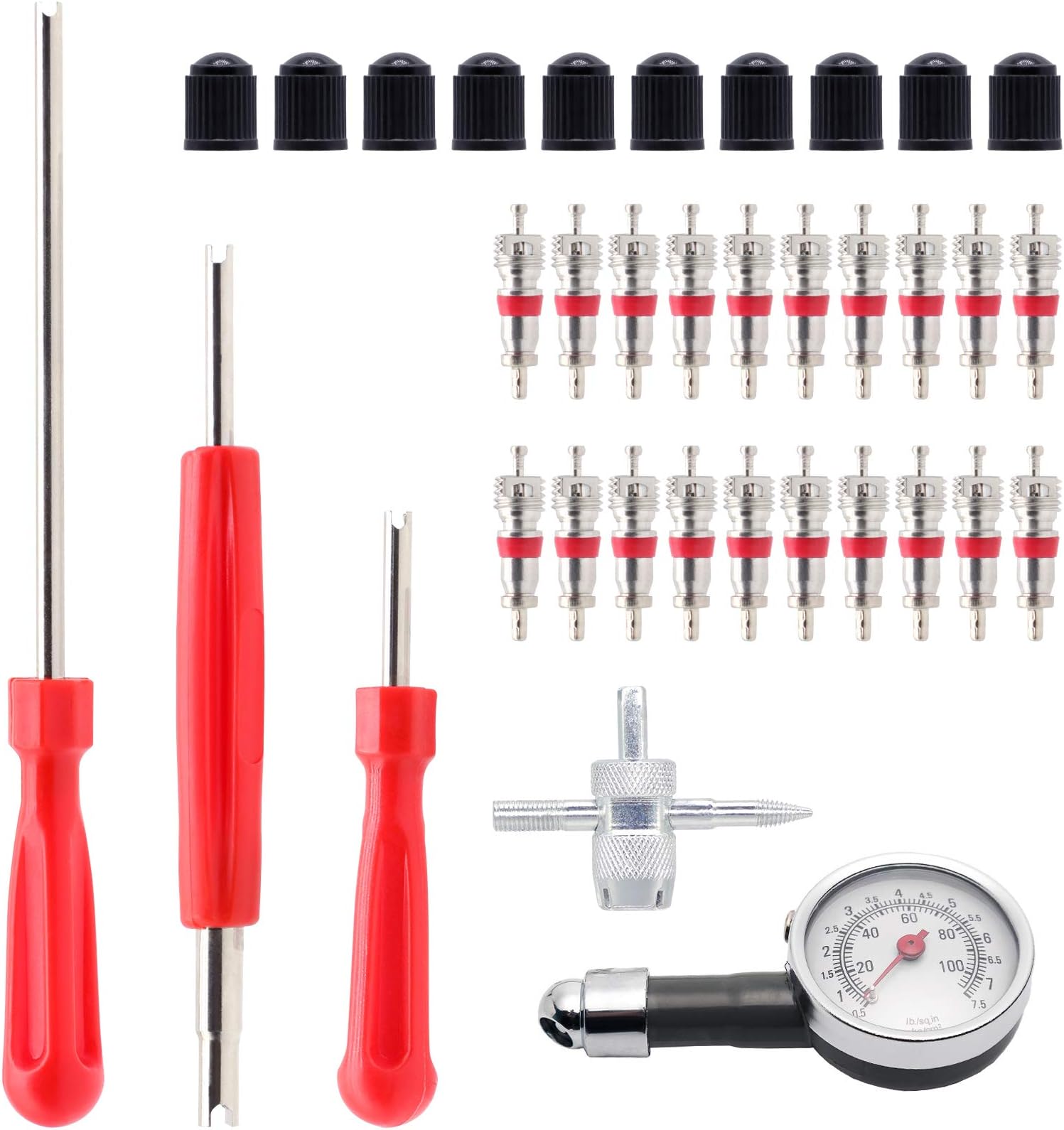 ZHSMS Valve Stem Removal Tools - 20pcs Valve Cores, 10pcs Tire Valve Caps, 4-Way Valve Tool,Tire Pressure Gauge, Single & Double Heads Valve Core Removal/Installation Tools