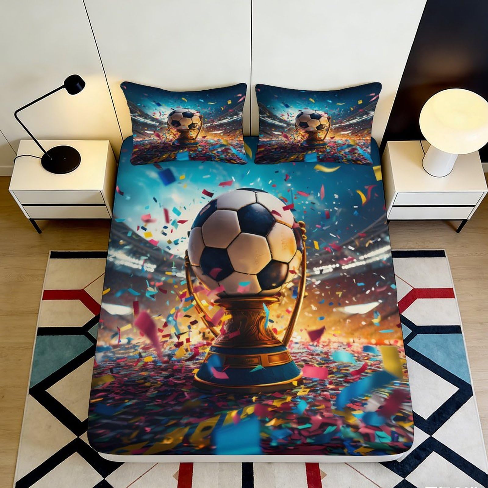 3D Printed Football Trophy Fitted Sheet Microfiber Soft Breathable Soccer Stadium Bed Sheet Mattress Cover for Bedroom Dorm Dormitory Guest Room 120x200x25cm
