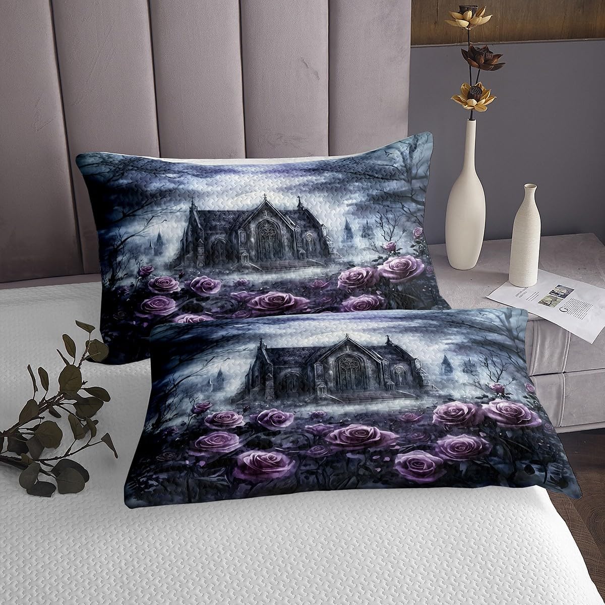 Homewish Halloween Tagesdecke,Kinder Teen Erwachsene Vintage Castle Gothic Buildling Steppdecke 220x240cm Lila Romantische Rose Kinder Tagesdecken Dschungelblumen Steppdecken raumdekor 2 Kissenbezüge