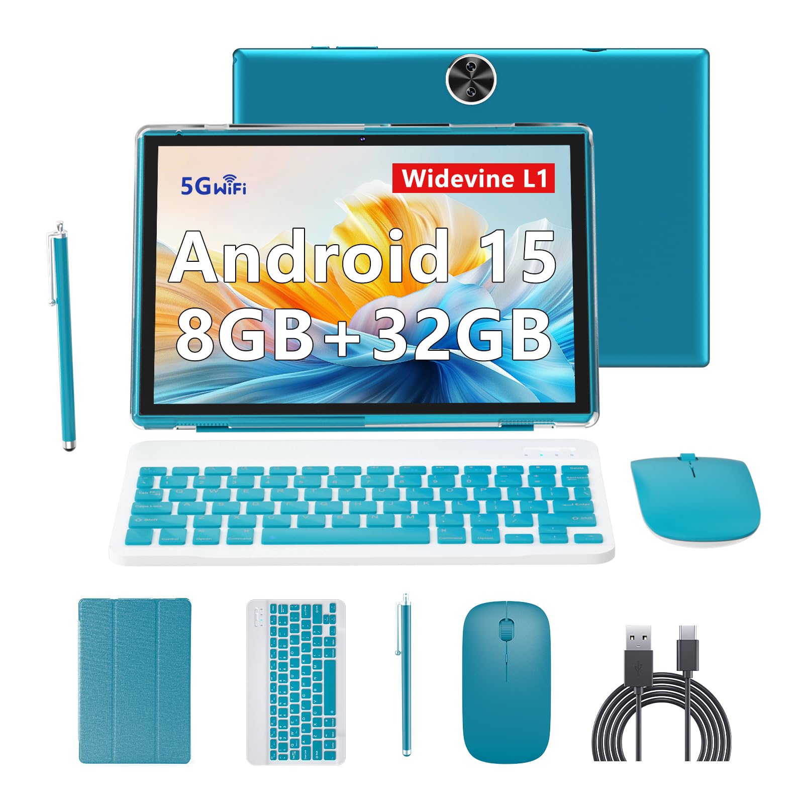 Android 15 Tablet, 2 in 1 10 inch Tablets with Keyboard and Mouse Case Stylus, 8GB+64GB+1TB Expand, 1280 x 800 IPS Touchscreen, 5G WiFi 6, L1, Long Lasting Tablet-image-44