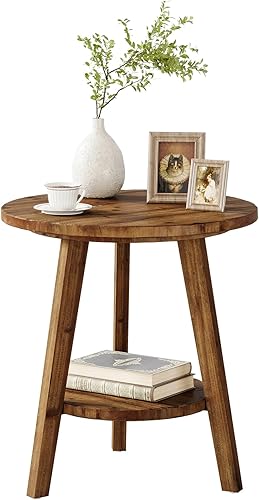 Miniatura 8 de Juego de 2 mesas auxiliares de madera maciza, mesa auxiliar redonda para sofá con estante de almacenamiento, mesita de noche de granja para sala de
