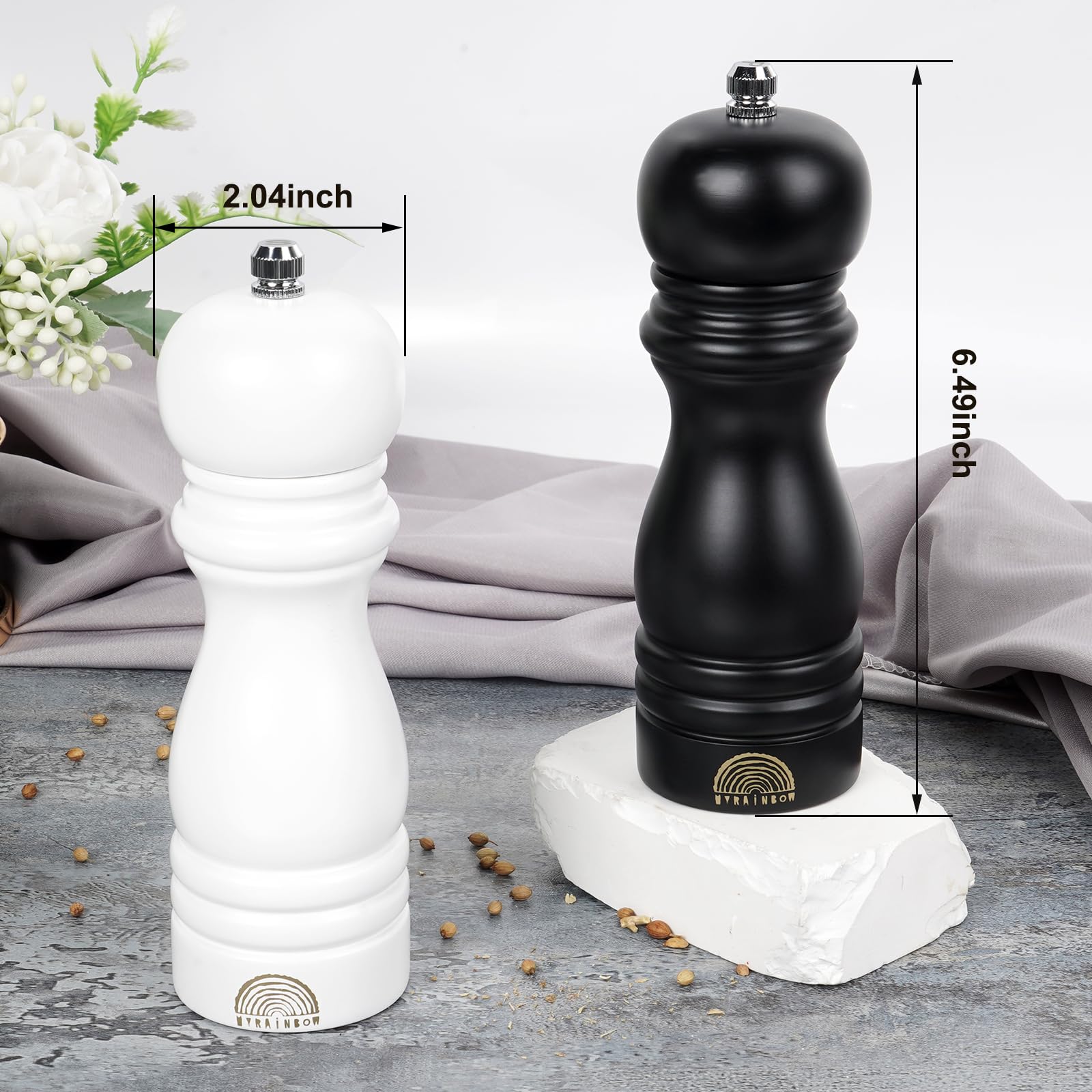MYRAINBOW Juego de molinillos de sal y pimienta – Molinillos de madera ajustables, molinillos de sal y pimienta blancos y negros, salero y pimentero recargable con grosor ajustable, 7 pulgadas para