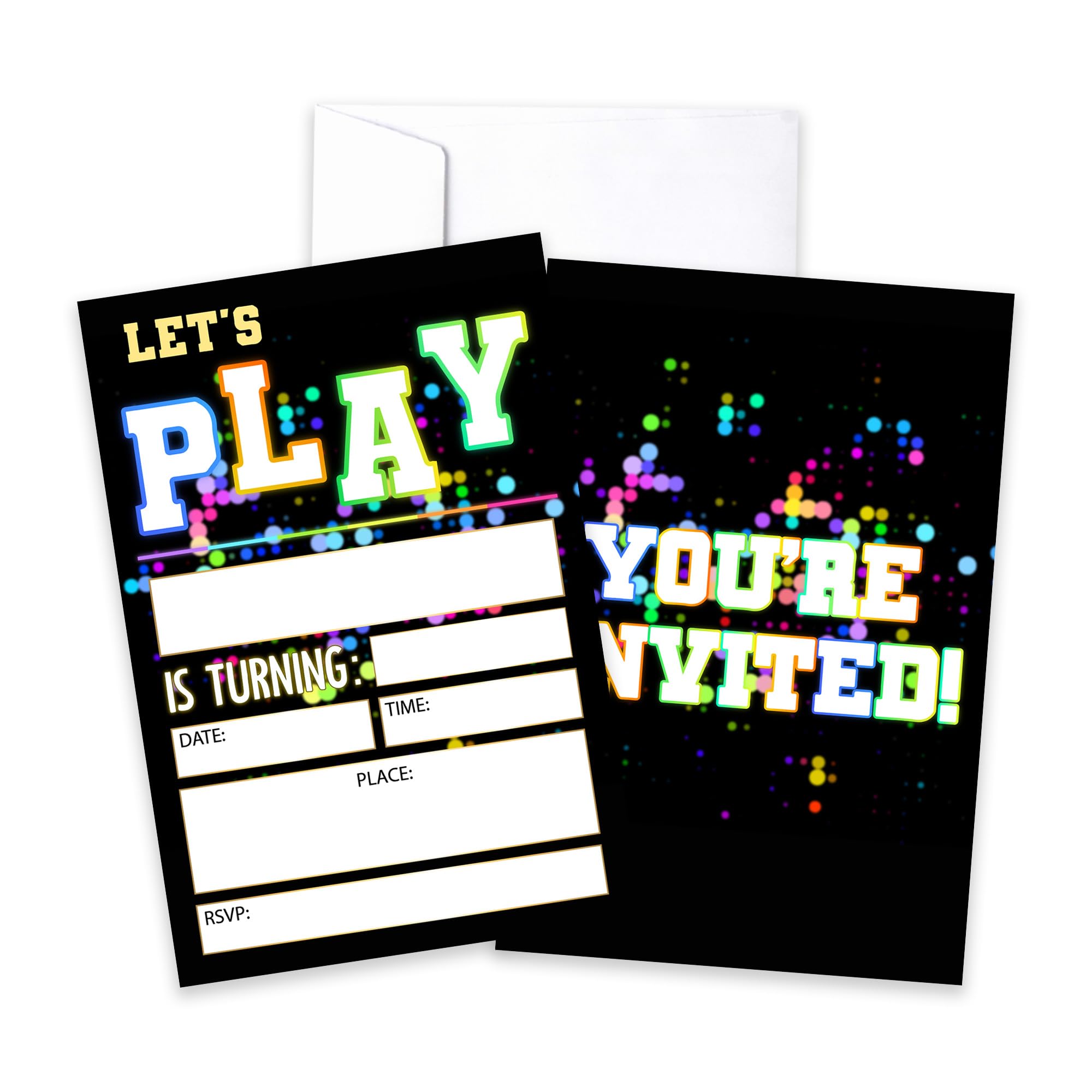 CLIRBE Let's Play Birthday Party Invitations, Glow Neon Invited Birthday Invitations For Teen Boys Girls, 20 Invites Cards With 20 Envelopes, Party Supplies Favors -H15