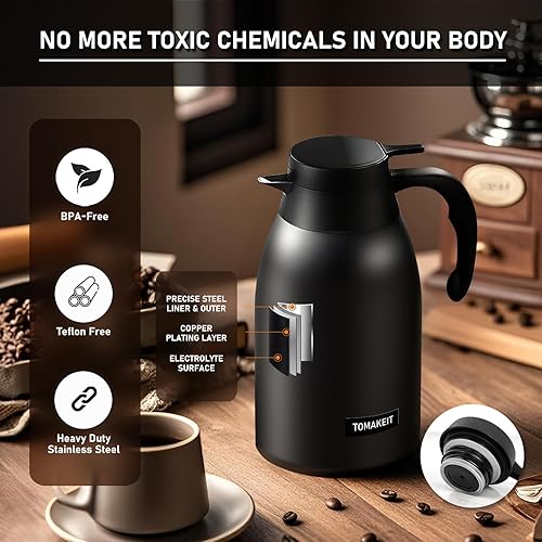 Miniatura 5 de Jarra térmica de café de 2L68 onzas, doble pared al vacío de acero inoxidable 304, termo aislado de acero inoxidable, 24 horas mantiene el