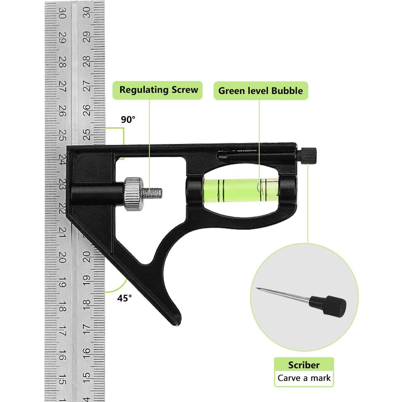 Squadra Combinata, Righello Per Angolo Combinato Regolabile in Acciaio Inox 45/90 Grado 300Mm, Righello Ad Angolo Quadrato Con Livella A Bolla Per Ingegnere Artigiano Falegname