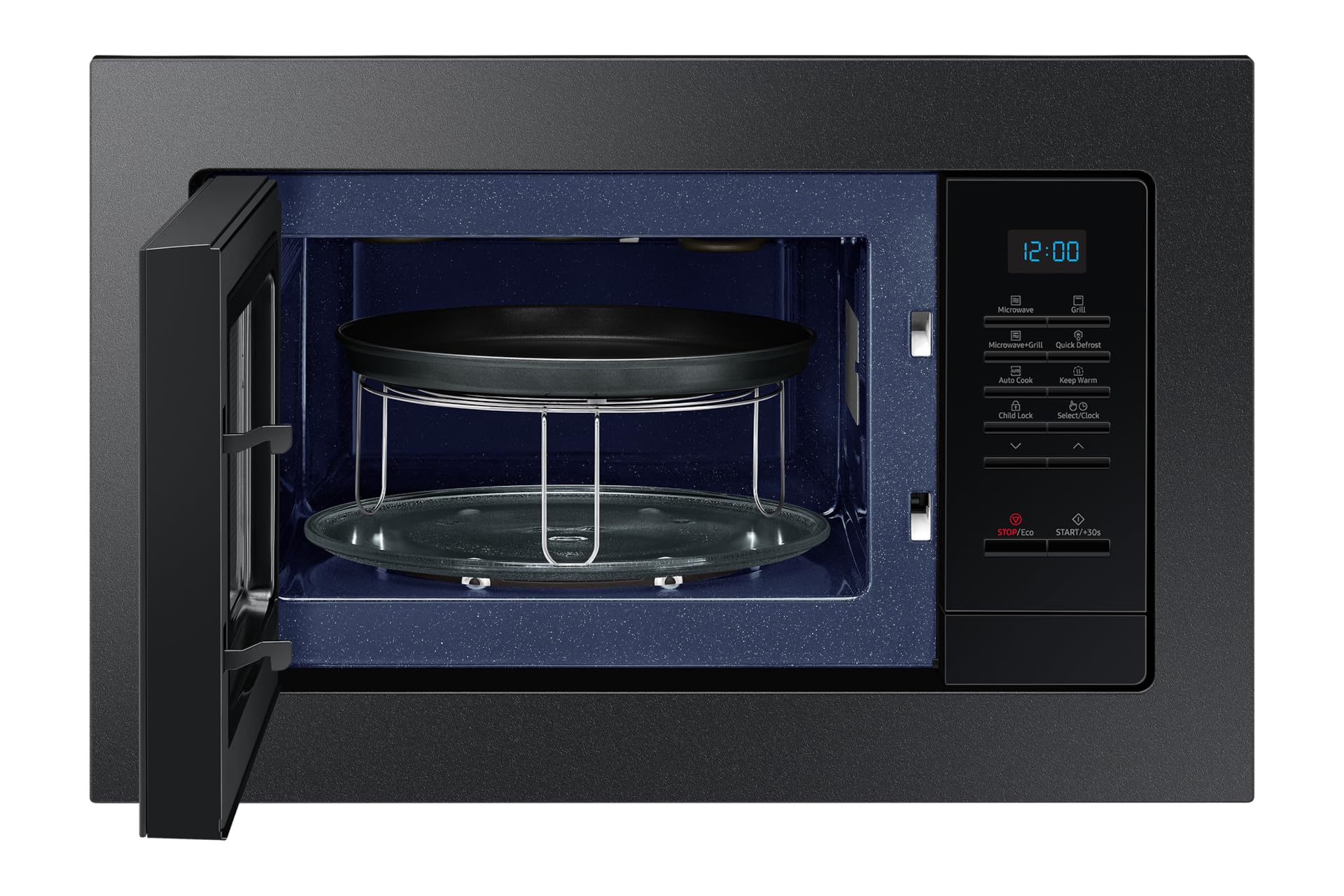 Samsung MG20A7013CB/EG - Microonde da incasso con grill, 850 W, 20 l, piccolo forno a microonde per nicchie da 28 cm, con telaio da incasso, piastra Crusty Plate, interno smaltato antigraffio, colore