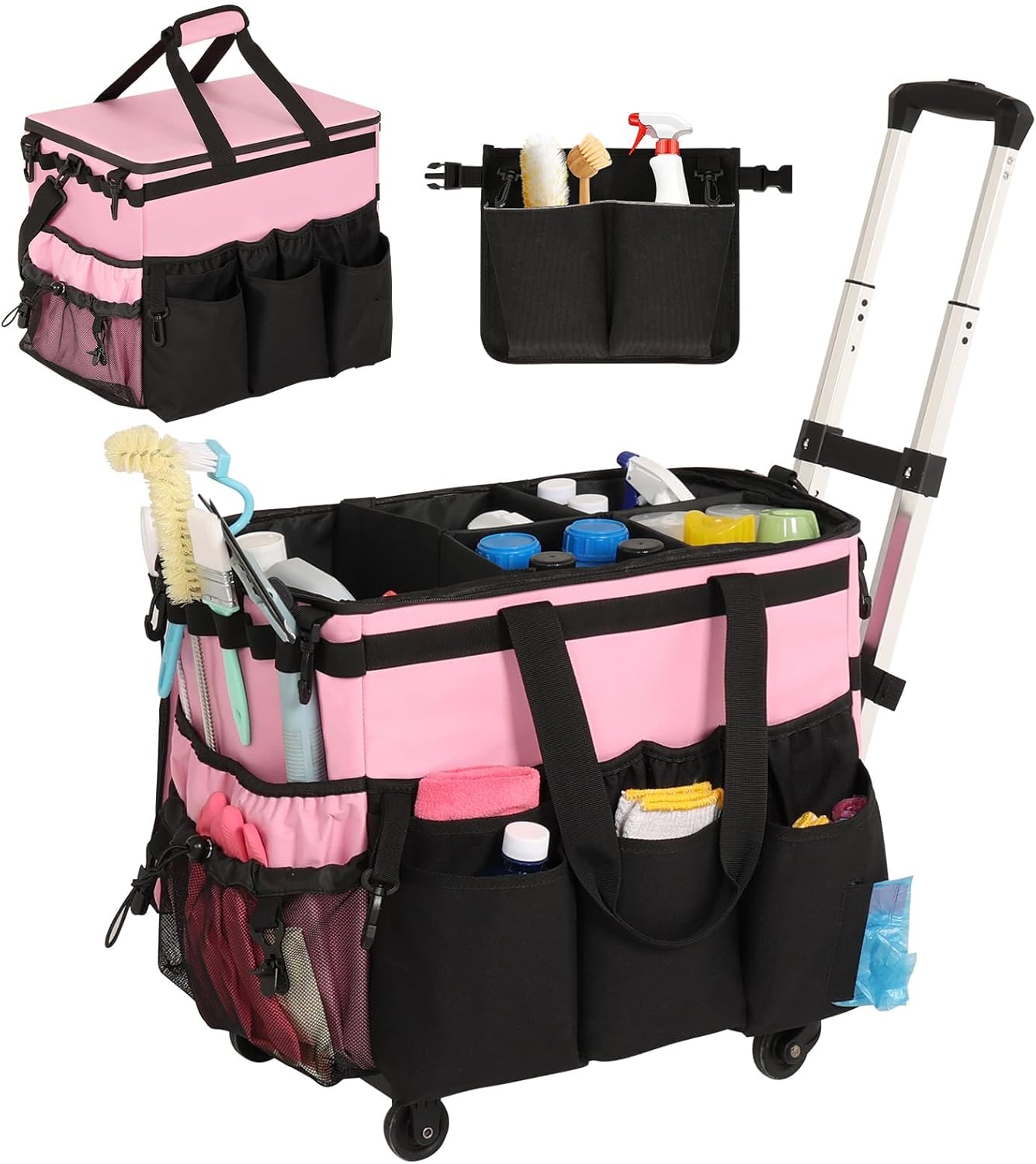 Rolling Cleaning Caddy, Cleaning Caddy Bag with Tool Waist Bag Belt, Large Cleaning Supplies Organizer with Handles and Shoulder Strap for Cleaners Housekeepers, Pink