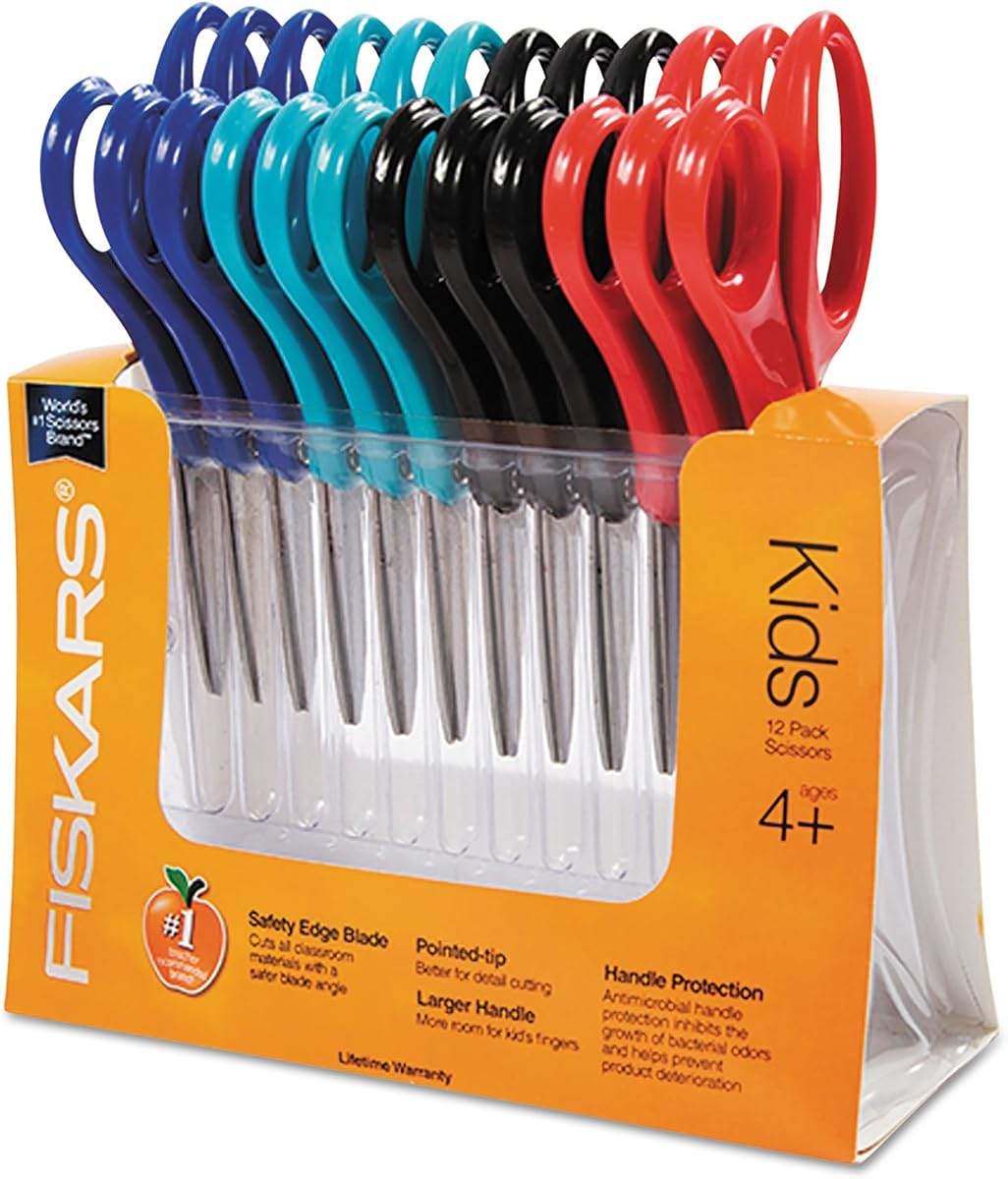 95037197J Children's Safety Scissors, Pointed, 5 in. Length, 1-3/4 in. Cut, Pack of 12, Assorted