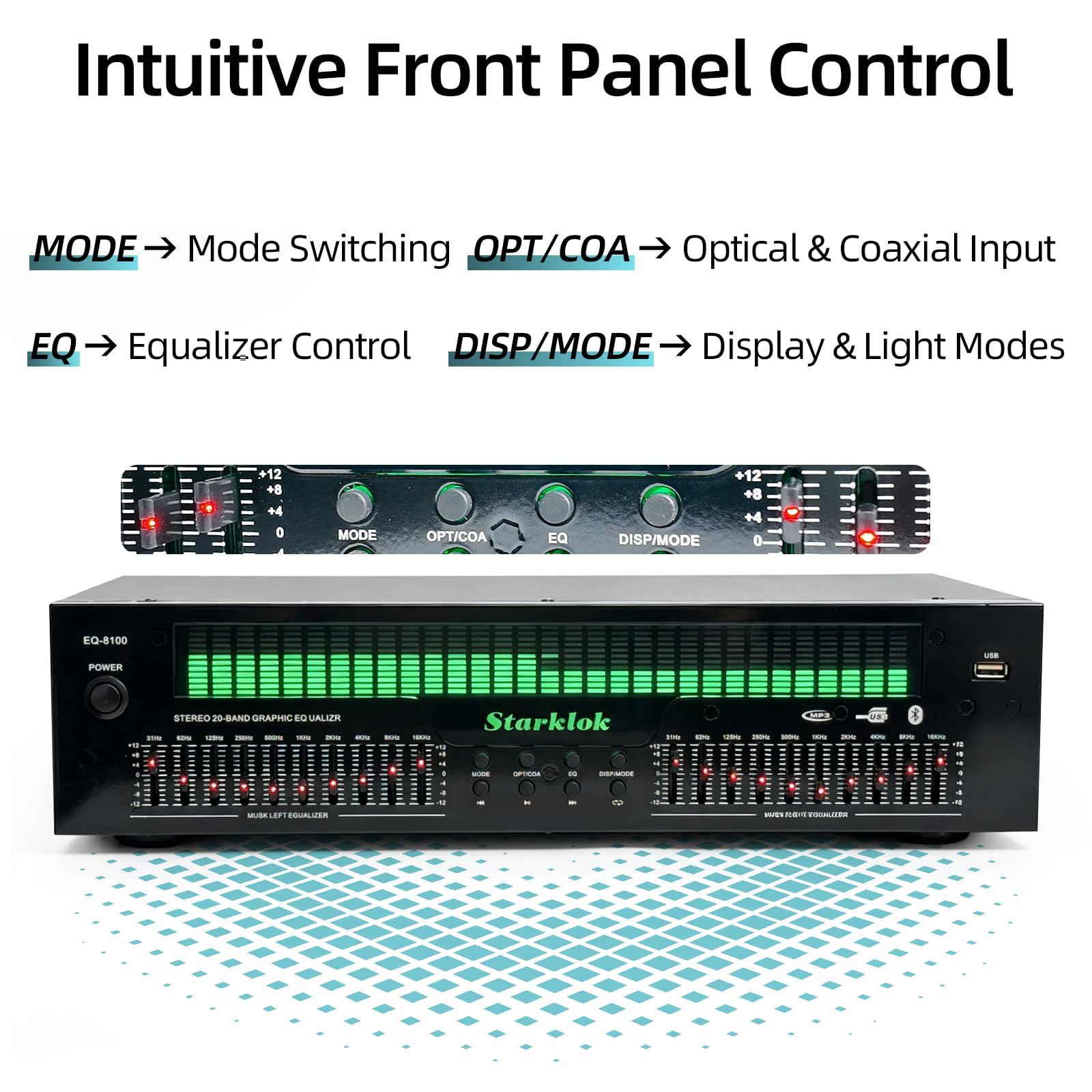 31-pasmowy korektor cyfrowy, stereo Graphic Equalizer z Bluetooth 5.4, 12 trybów rytmu, analizator widma muzyki, optyczny/współosiowy dekoder audio, redukcja szumów do studia i wykonywania muzyki