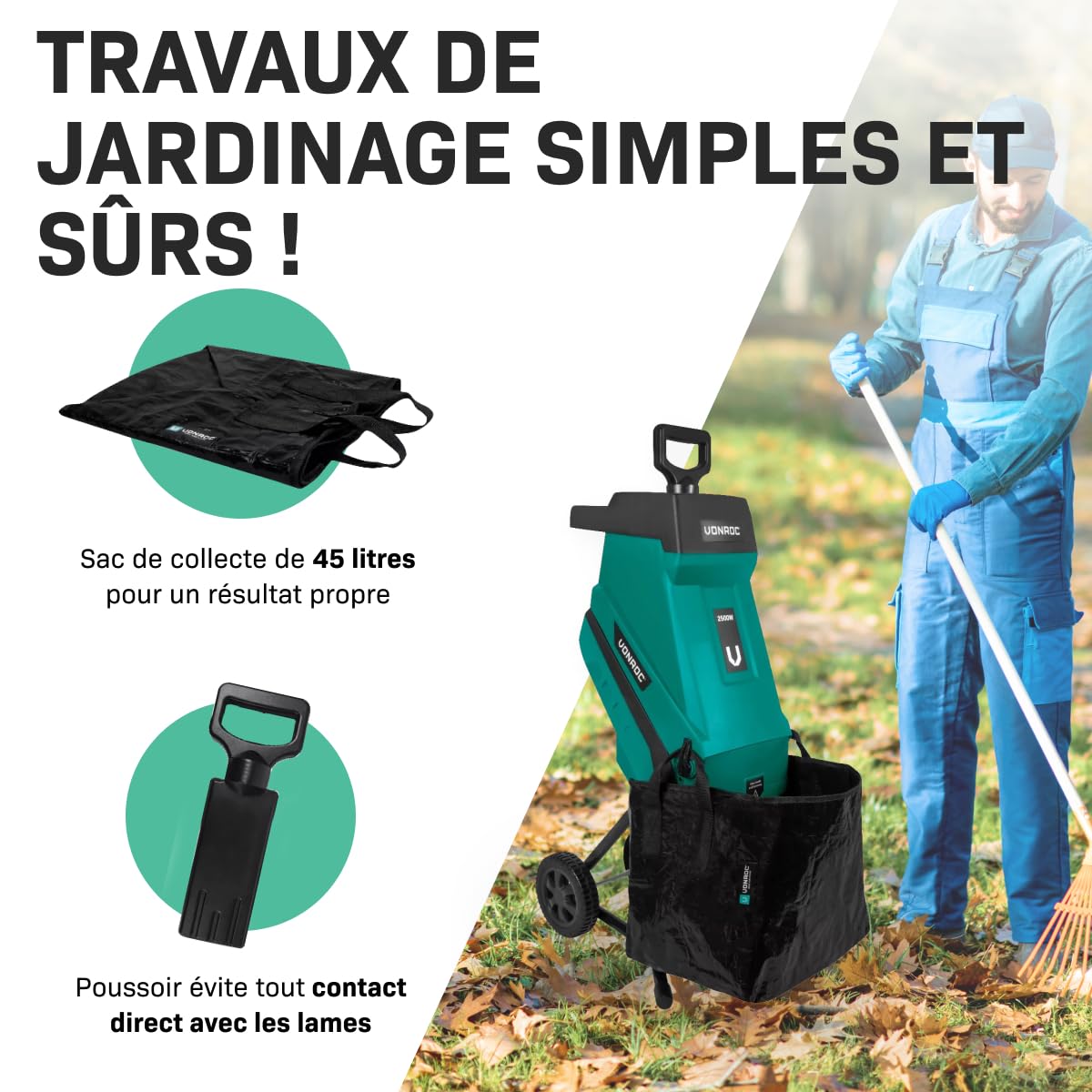 VONROC Broyeur de végétaux 2500W – Pour branches jusqu’à Ø45mm - Sac de ramassage de 45L et poussoir inclus -Silencieux et robuste - broyeur pour déchets de jardin - Fonction de sécurité