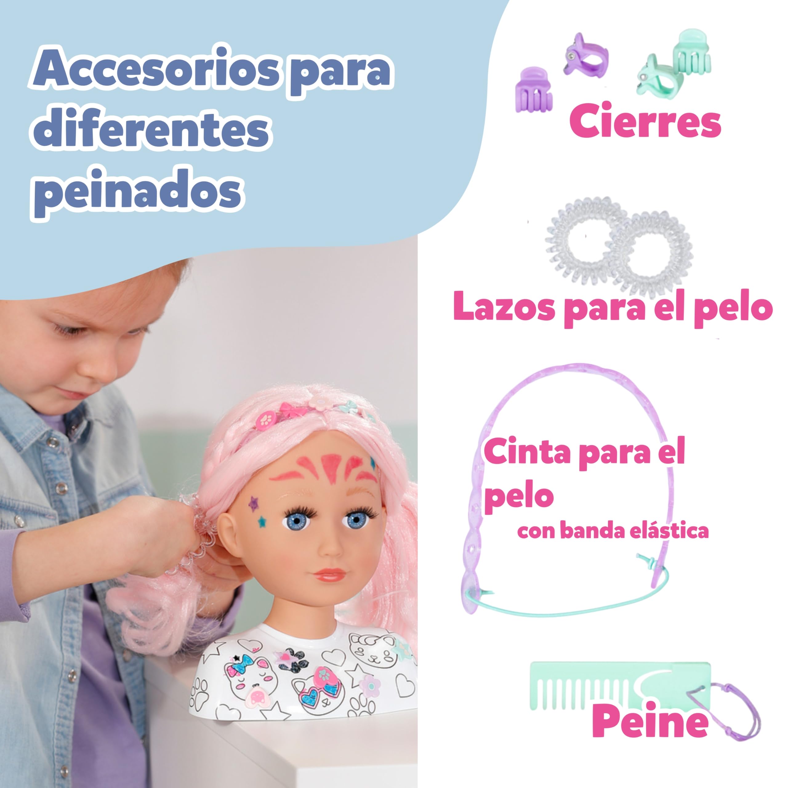 Baby Born Styling Cabeza Creativa – con Pelo Rosa, rotuladores y más de 20 Accesorios. para niños a Partir de 3 años