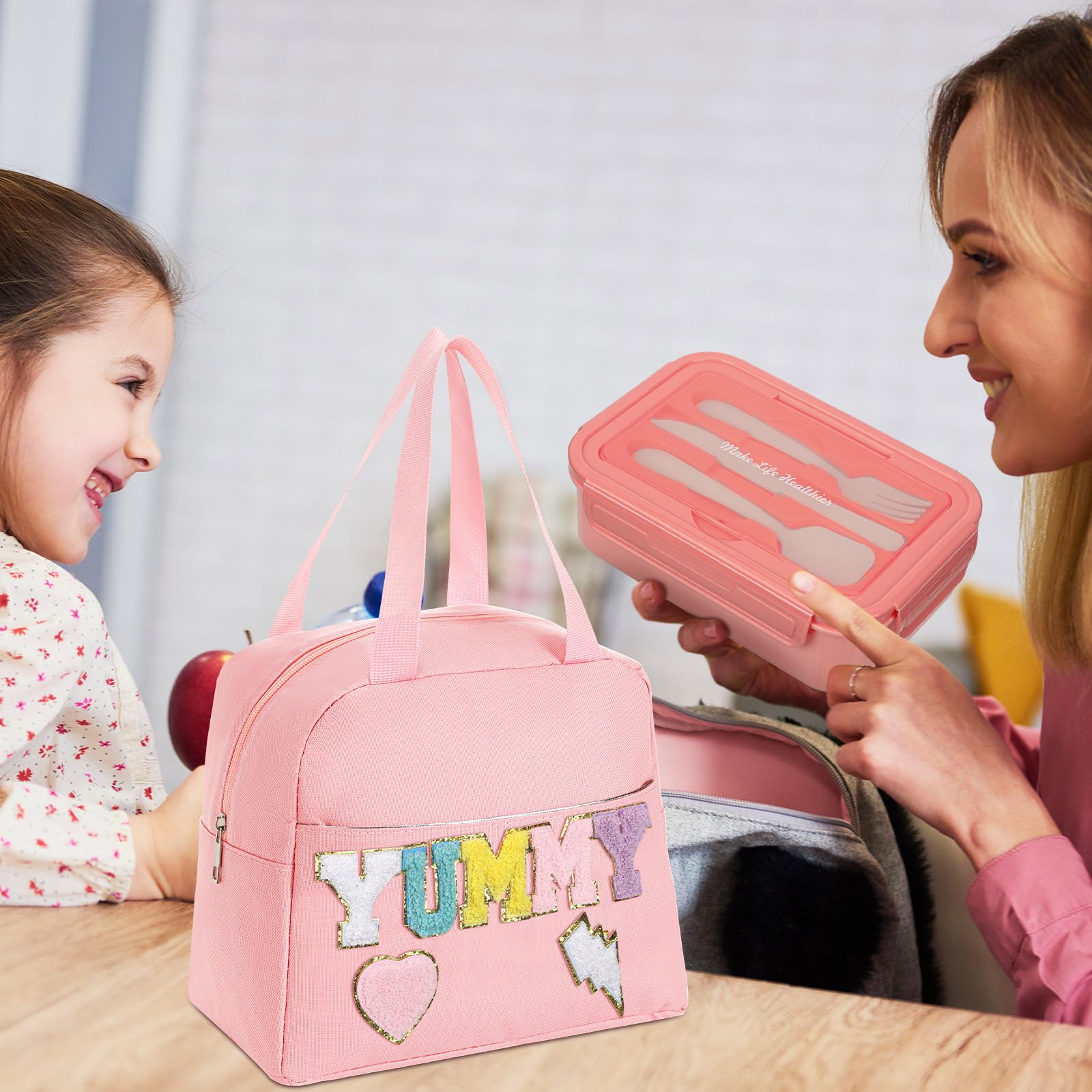 Dandat Preppy Sac à déjeuner pour femme et fille Rose Boîte à bento avec compartiments et tasse à soupe pour filles, adultes, adolescents, école, voyage, pique-nique