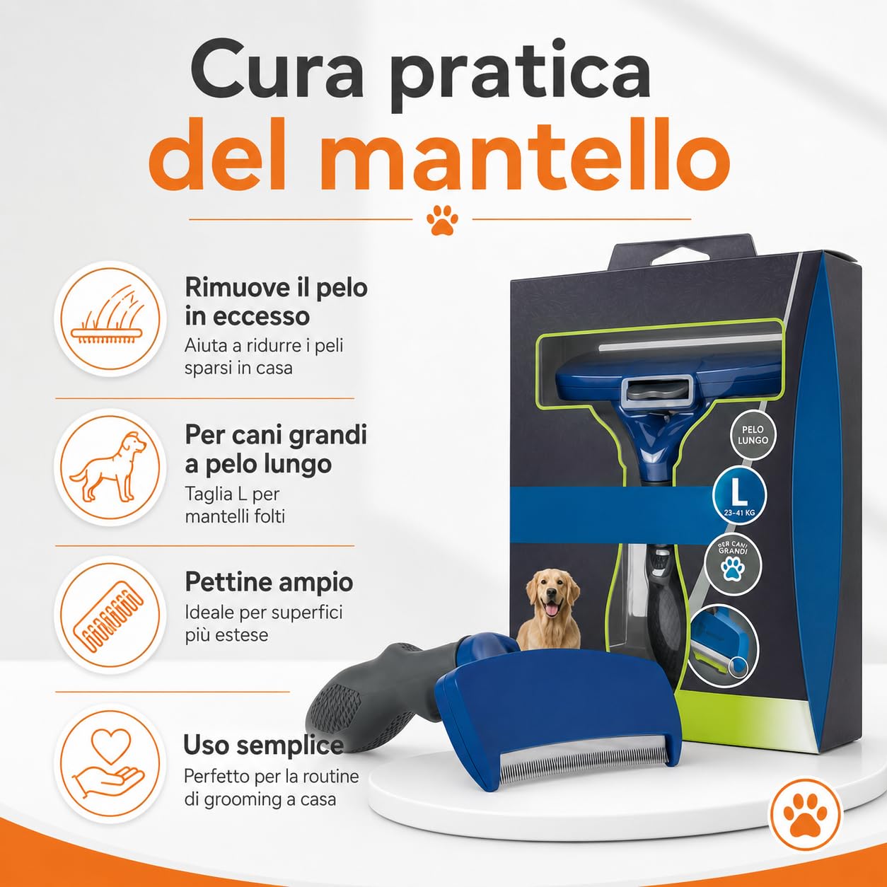 Strumento de-Shedding Cane L a Pelo Lungo, Spazzola Professionale per Cani Grandi da 24 kg, Rimuove Pelo Sottopelo in Eccesso con Pettine da 10 cm