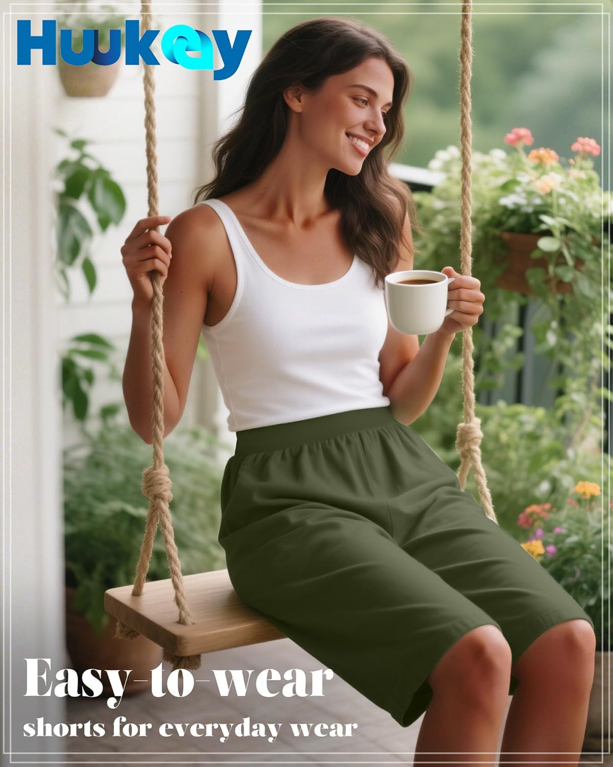 Huukeay 3 Pack Women's 8" Bermuda Shorts, High Waist Stretch Casual Knee Length Bottoms Summer Athletic Gym Short with Pocket - Image 2