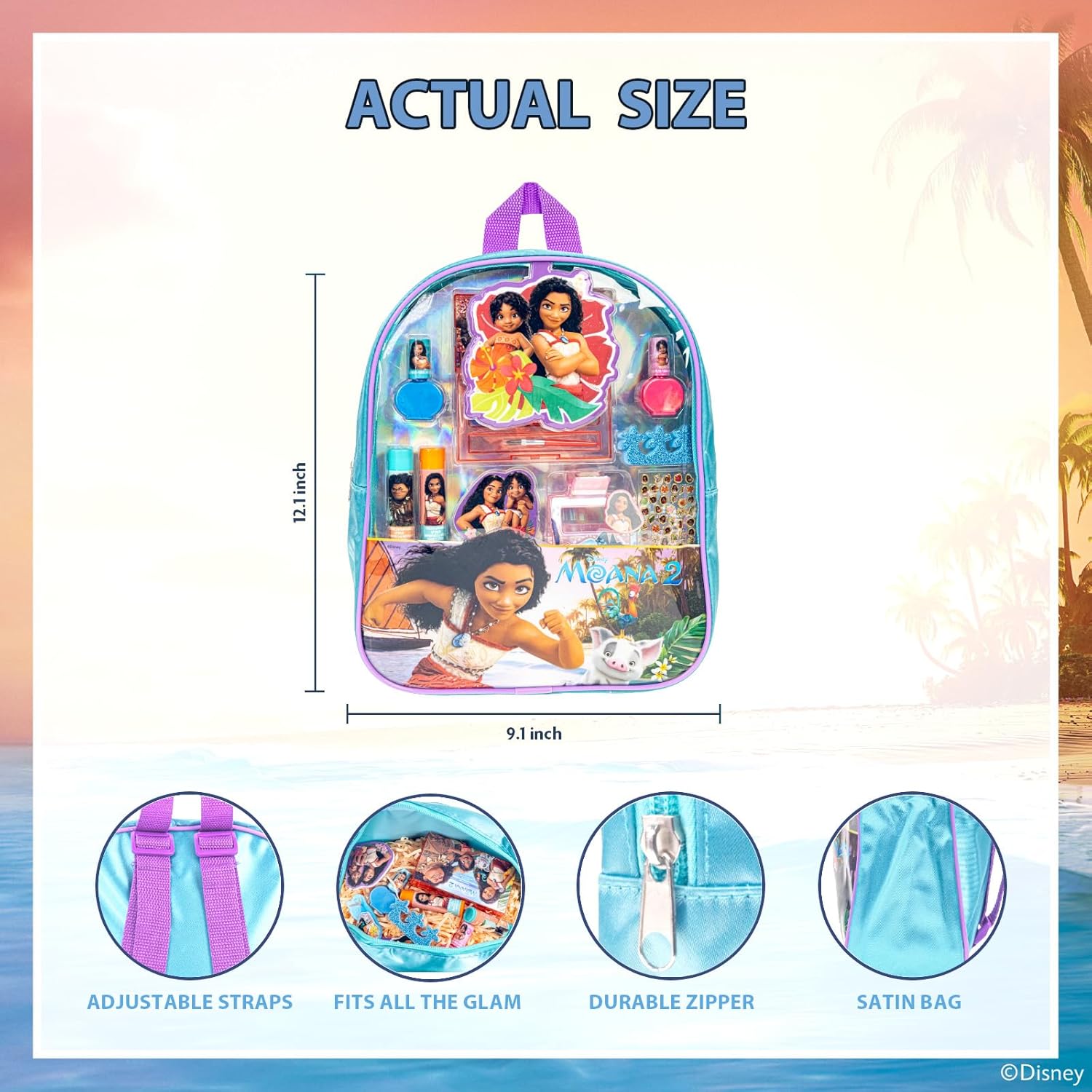 Disney Moana 2 Makeup Filled Backpack Set, Including Lip Balm, Nail Polish, Nail File, Jaw Clip, Perfect for Parties, Sleepovers and Makeovers, Ages 3+, by Townley Girl - Image 5