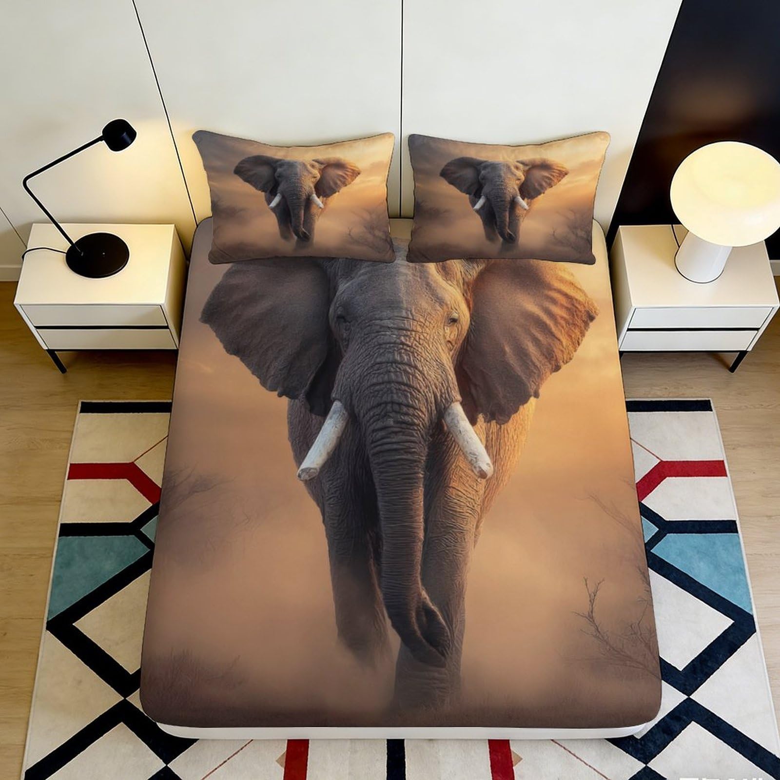 3D Printed Elephant Fitted Sheet Microfiber Durable Soft Bed Cover with Animal Print for Bedroom Dormitory Guest Room Mattress Protection 120x200x25cm