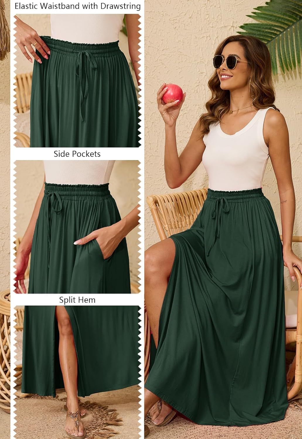 Women’s Maxi High Elastic Waisted Skirt Flowy A-Line Split Hem Beach Long Skirts for Women with Pockets - Image 5