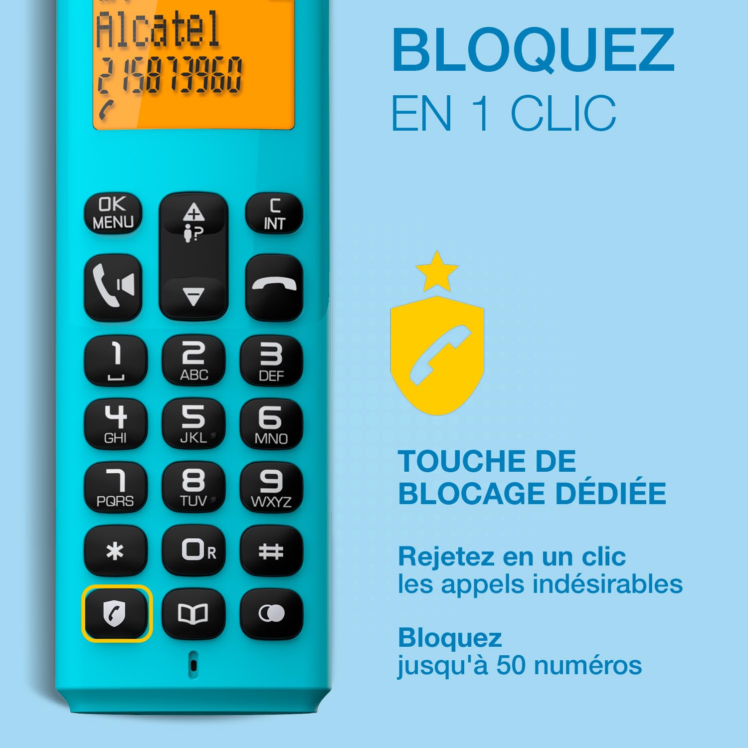 ALCATEL E260 Téléphone Fixe sans Fil DECT Grand Écran Rétroéclairé Mains Libres Blocage Appels Indésirables Bleu