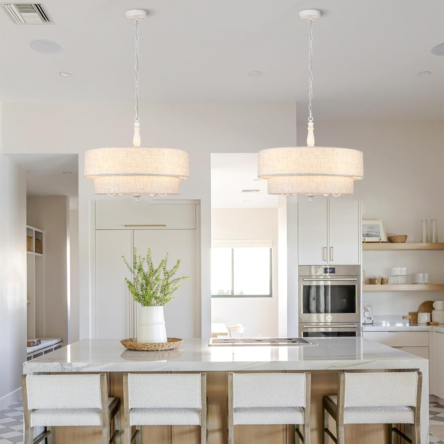 Farmhouse Chandeliers for Dining Room Modern 5 Light Distressed White Chandelier 21.25’’ Inch 2 Tiered Drum Pendant Light Fixture for Entryway Foyer Stairway Hallway Kitchen Island