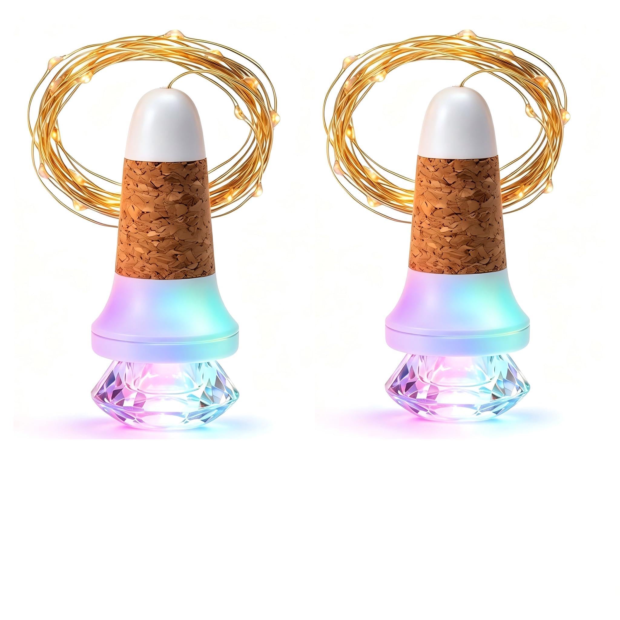 2 Pack Wine Bottle Lights with Cork, 7 Color Slow Flash Bottle Light With