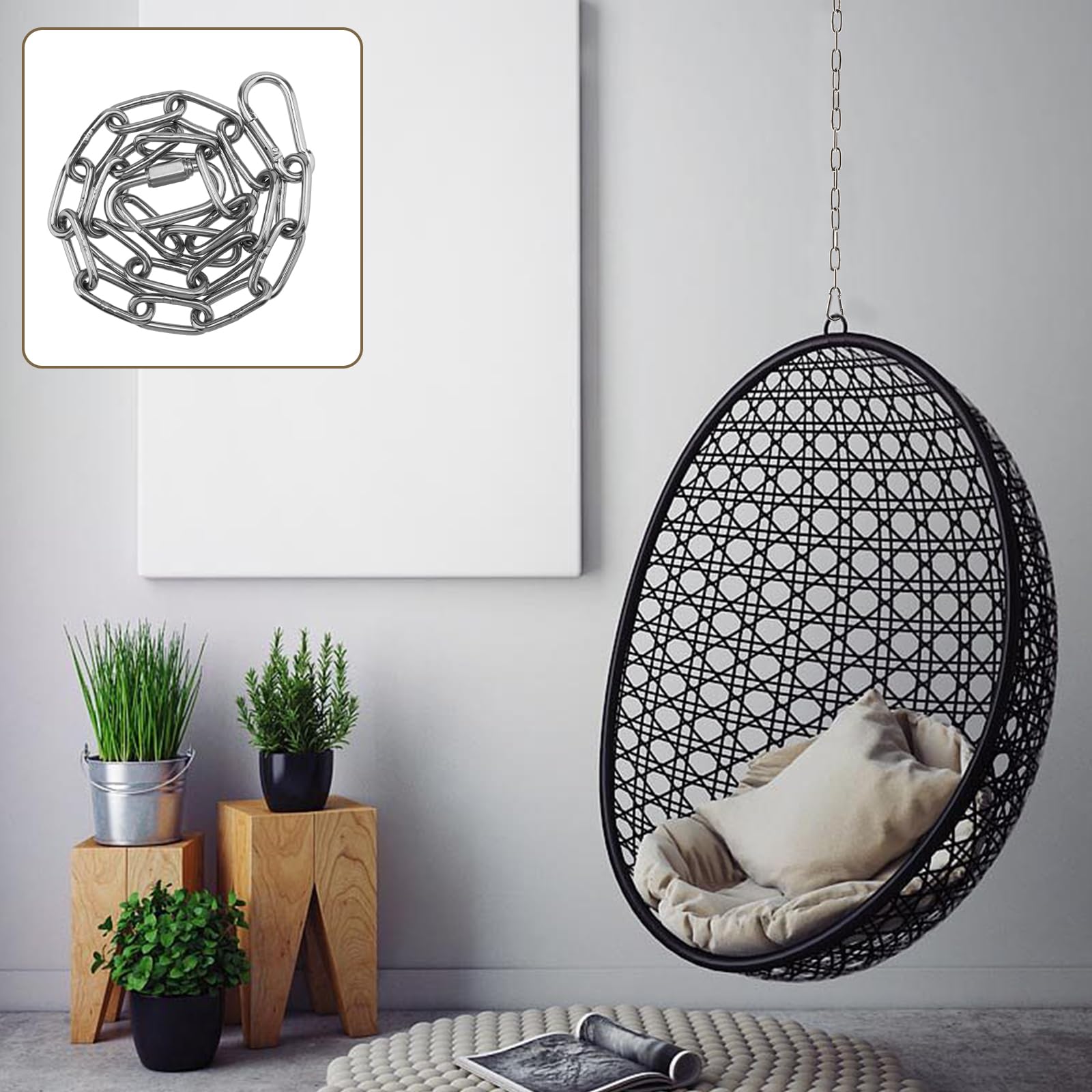 Cadena de acero inoxidable 4 mm 60 cm para silla colgante con ganchos M5 y hebillas