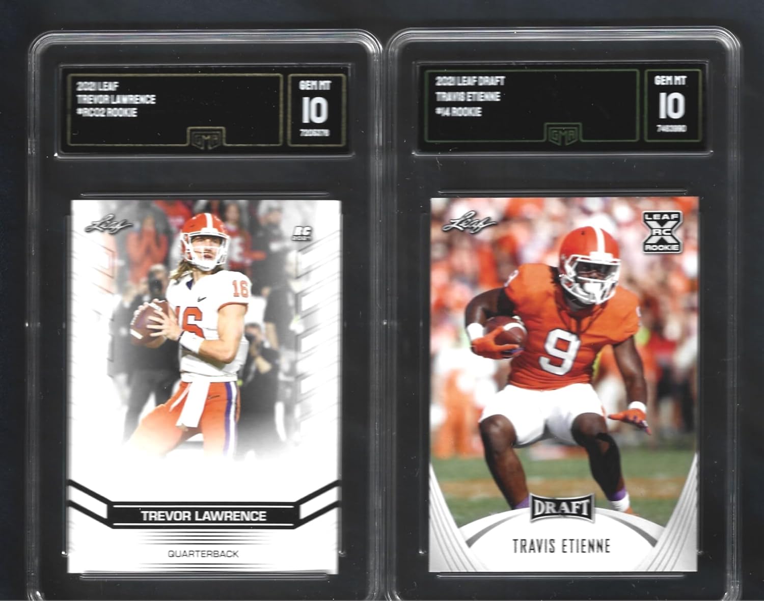 GEM MINT TREVOR LAWRENCE & TRAVIS ETIENNE 2 CARD FOOTBALL ROOKIE LOT LEAF GRADED GMA GEM MINT 10 JAGUARS STAR QUARTERBACK AND RUNNING BACK