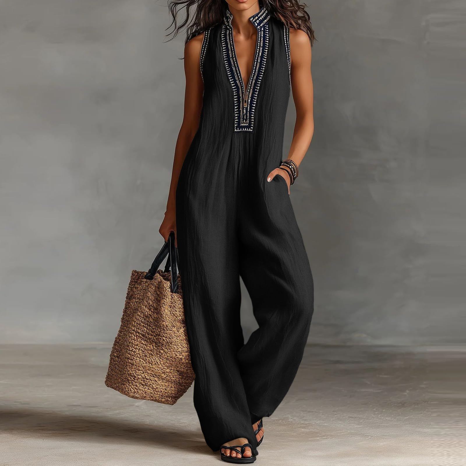 Jumpsuit Damen Sommer Lang Boho Overall Damen Elegant Weites Bein Jumpsuits Ärmellos Overalls V Ausschnitt Playsuit Stehkragen Romper Reißverschluss Vorne Onesie Mit Taschen Locker Einteiler