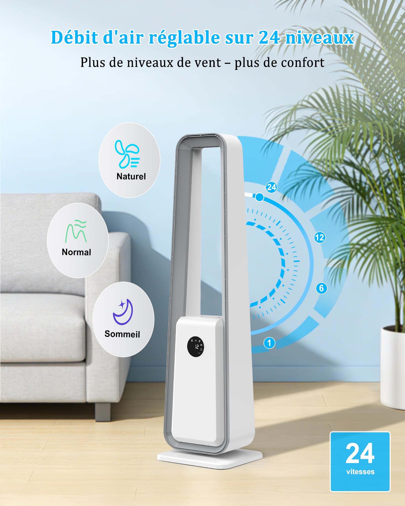 ThomP Ventilatore a Torre Senza Pale – Funzionamento Silenzioso, 24 Velocità, 3 Modalità, Oscillazione 75°, Timer 12H, 4 Colori LED, Telecomando per soggiorno, ufficio e camera