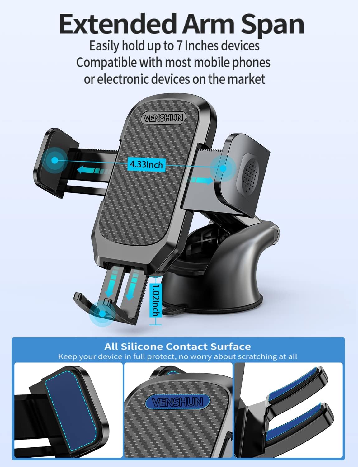 Phone Mount for Car Cell Phone Holder Dashboard Windshield Air Vent [3 in 1Upgraded Ultra-Durable Multi-Angle Adjustment Arm] Car Phone Holder Mount for All Mobile Phones