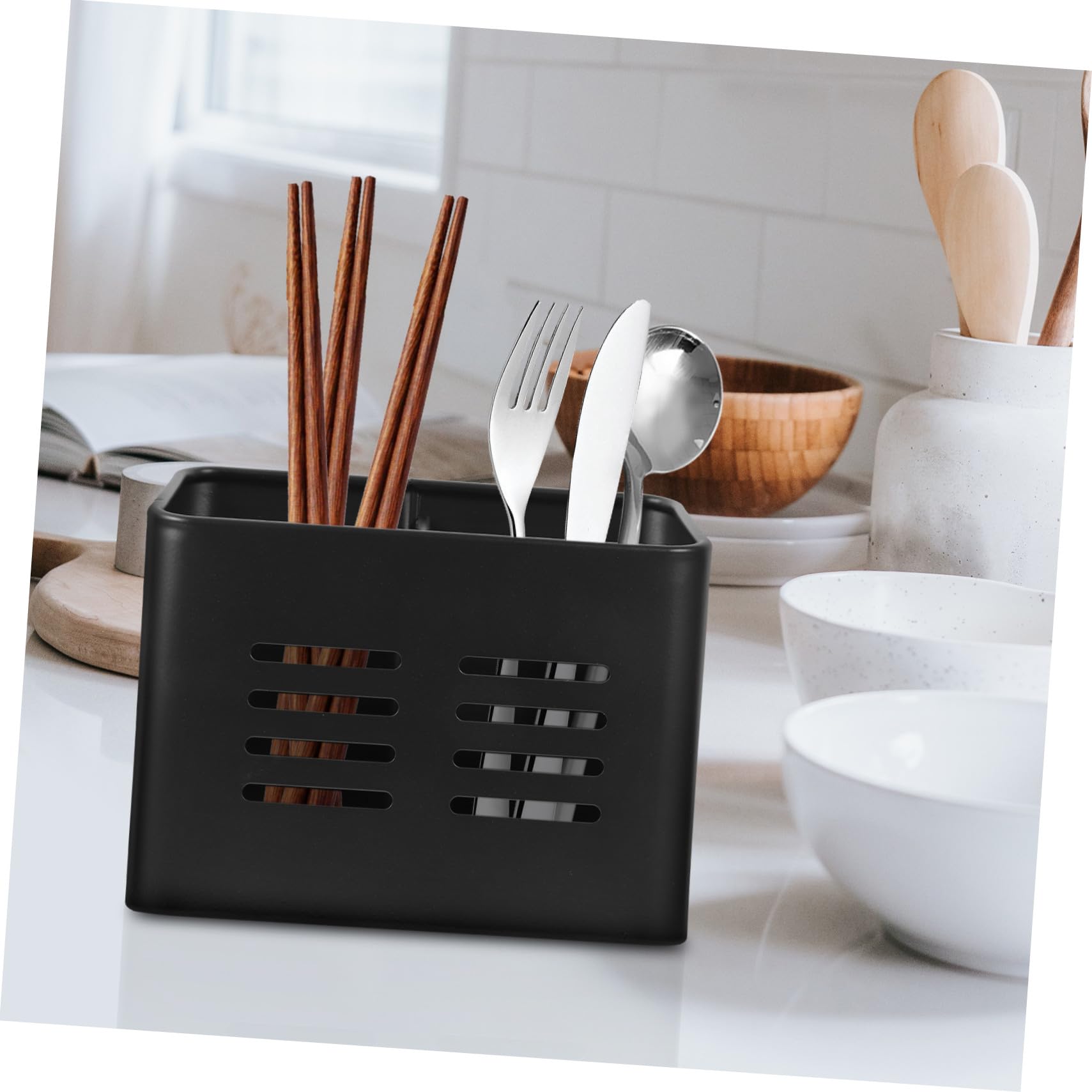 Porte-ustensiles Support de Fourchettes Noir en Acier Inoxydable Robuste Trous D'évacuation Simple et Élégant pour Égouttoir à Baguettes Cuisine Moderne