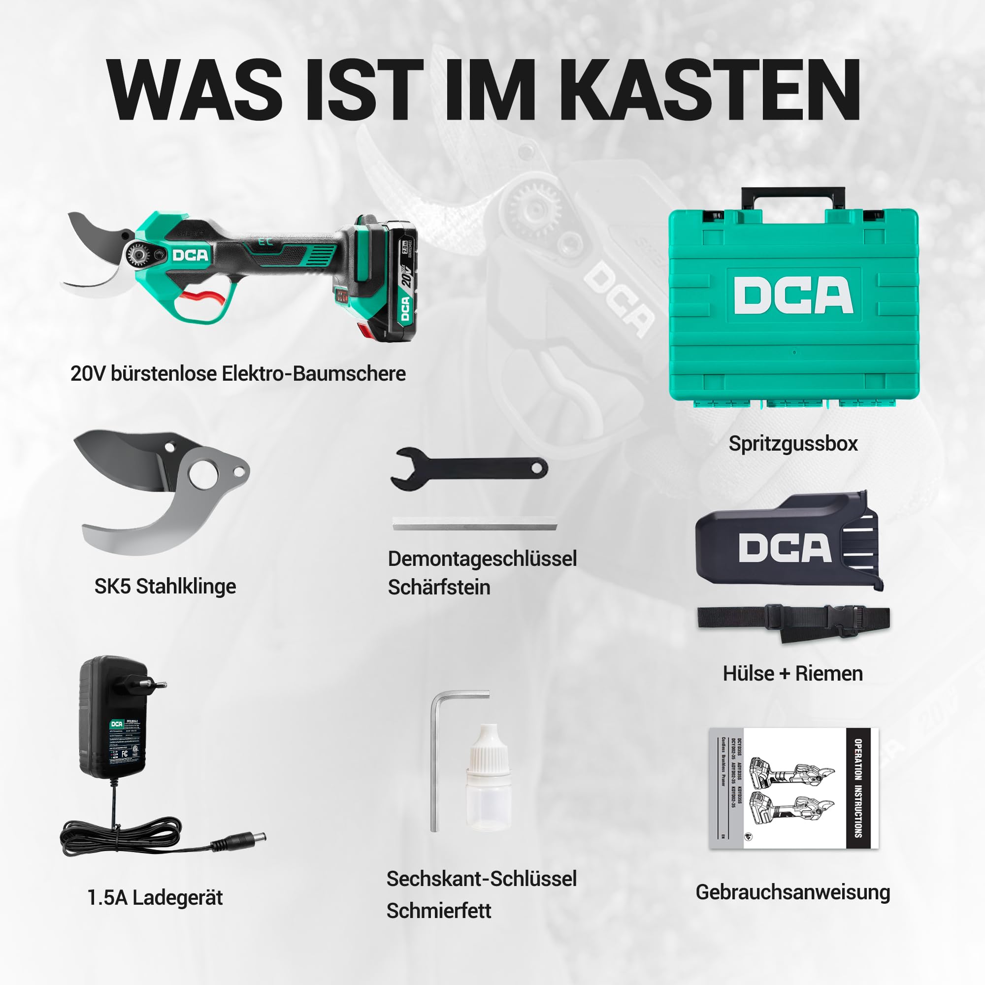 DCA Akku Astschere 20V Bürstenlose, Max 35mm Elektrische Gartenschere mit 2.0Ah Akku und Ladegerät, Professionelle Elektro-Baumschere mit Portable Safety Sleeve für Zweige, Sträucher, Stämme