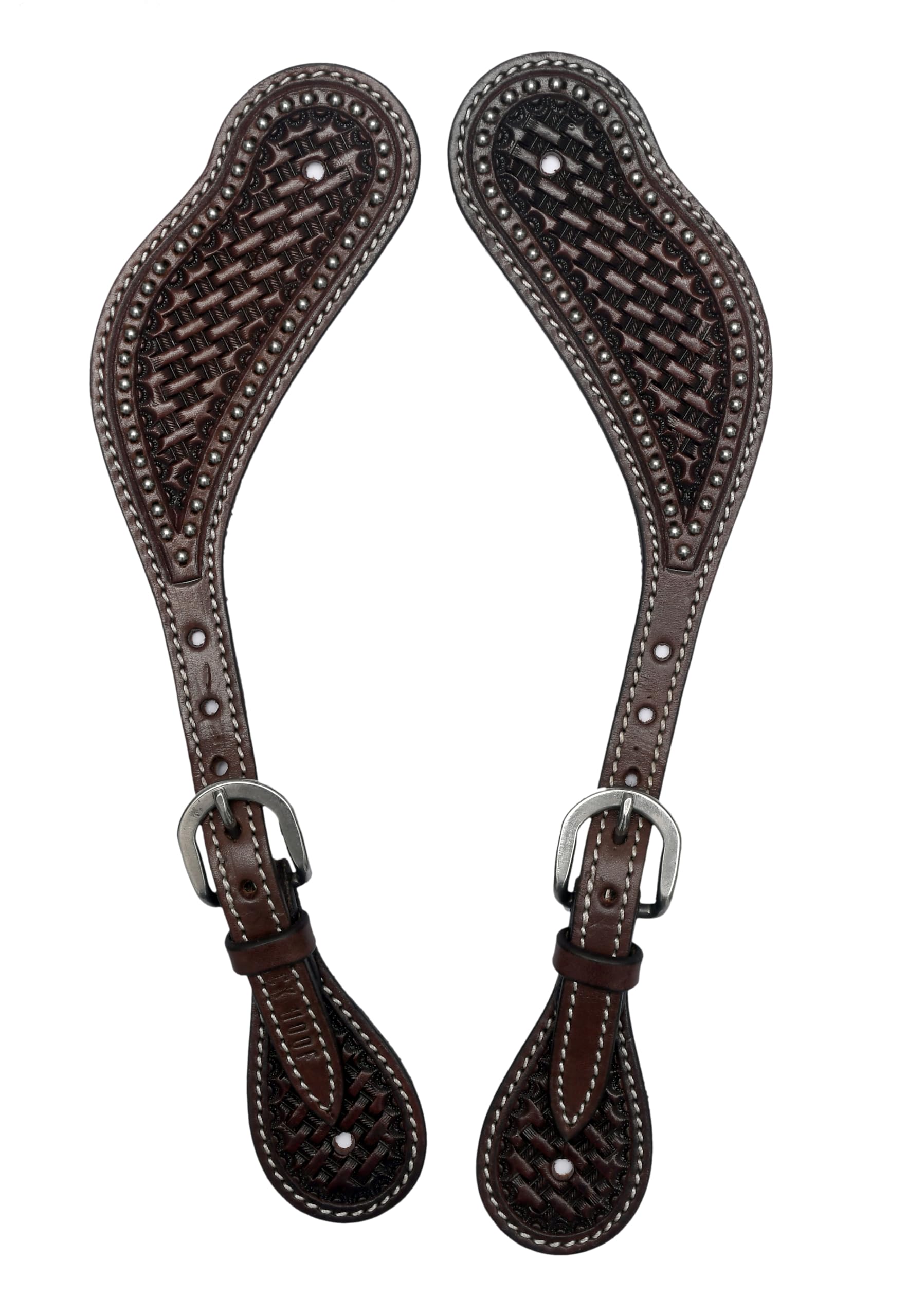 BLACK HOOF Basket Tooled Leather Spur Straps with Silver Spots for Horse Riders | Western Men, Women, Adjustable Single Ply Spur Straps | Equestrian Accessories (Dark Brown)