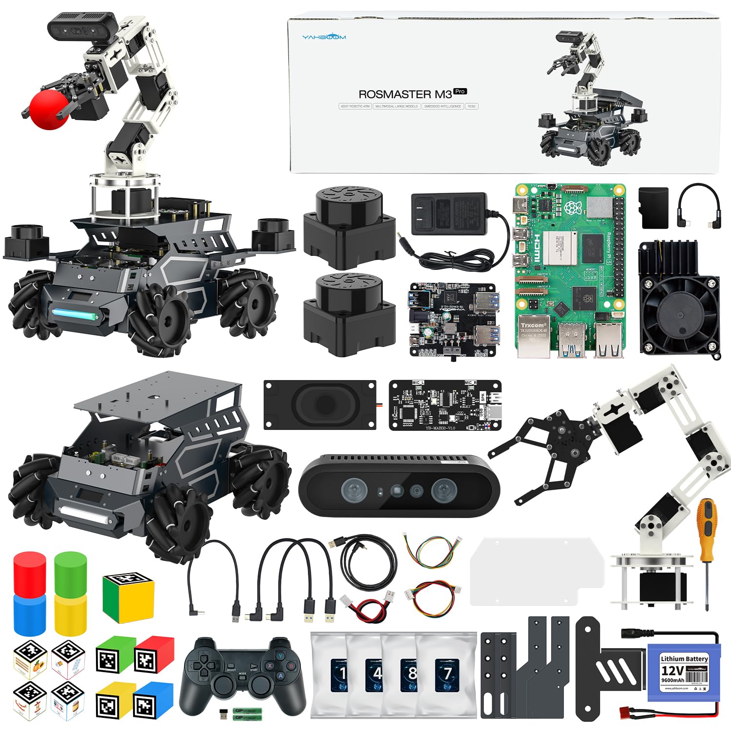 Yahboom Raspberry Pi 5 16GB RAM with ROS2 Robot Kit,6DOF Robotic Arm,Supports Large Language Models, Ubuntu 22.04. AI Vision Materials Without Display