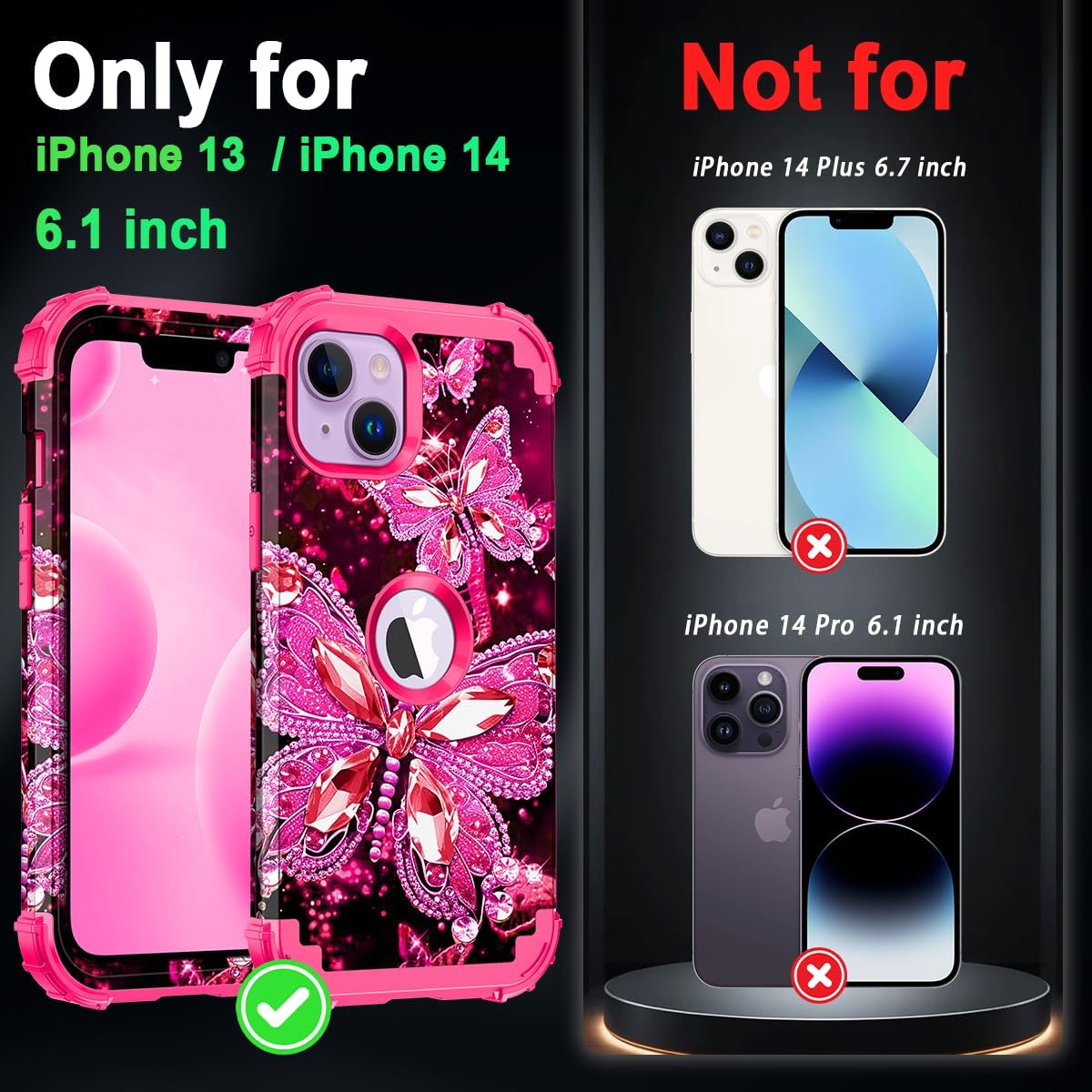 Miqala Compatible with iPhone 13 Case & iPhone 14 Case,Glow in The Dark Three Layer Heavy Duty Shockproof Hard Plastic Bumper+Soft Silicone Protective Case for iPhone 13/14 6.1 inch,All Rose Red image 2